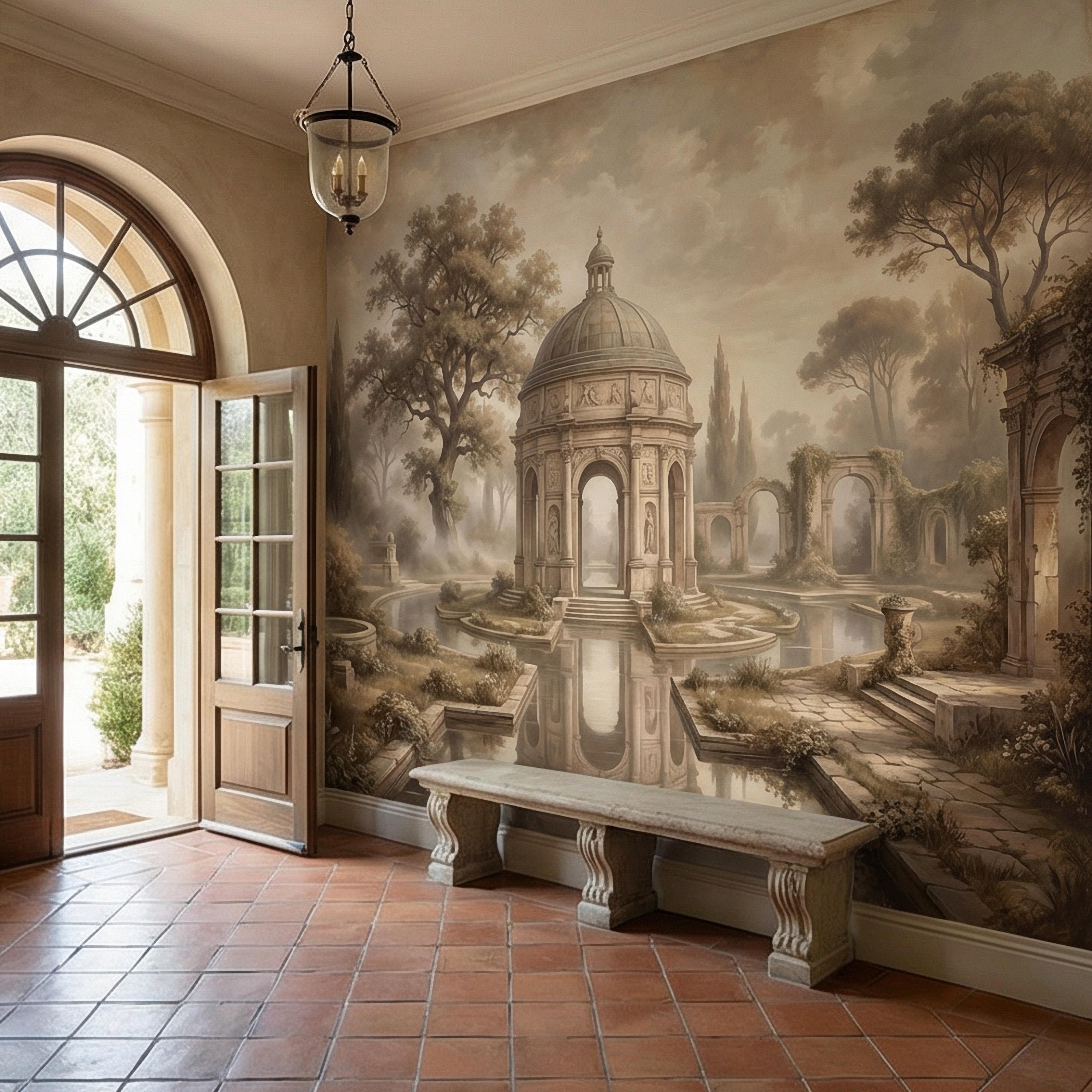 Antique Garden Peel and Stick Wall Mural, Romantic European Pavilion Landscape, Neutral Old World Architectural Wallpaper