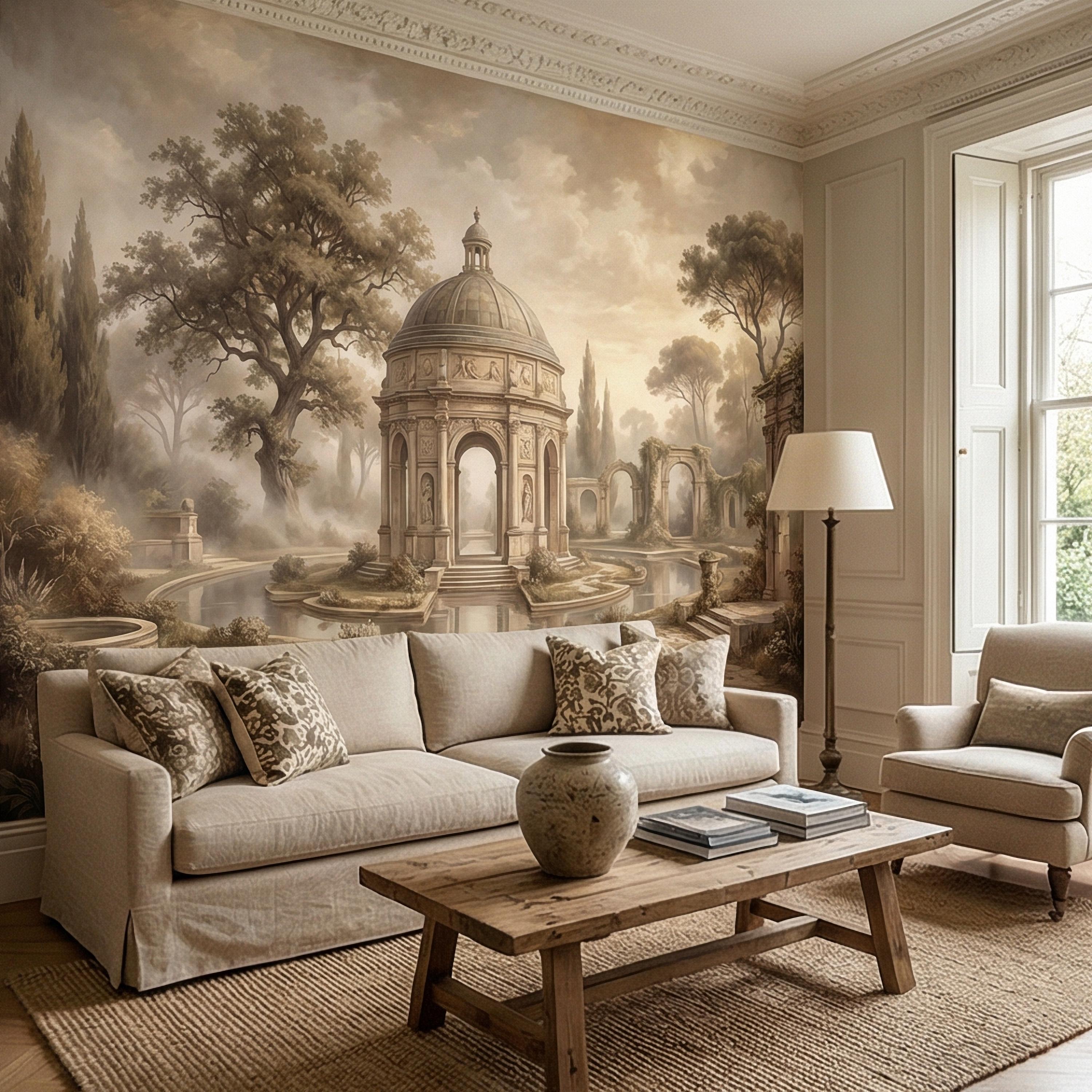 Antique Garden Peel and Stick Wall Mural, Romantic European Pavilion Landscape, Neutral Old World Architectural Wallpaper