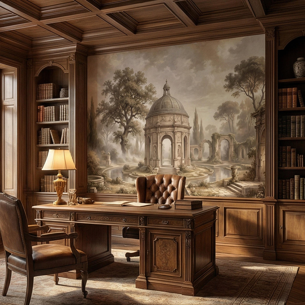 Antique Garden Peel and Stick Wall Mural, Romantic European Pavilion Landscape, Neutral Old World Architectural Wallpaper