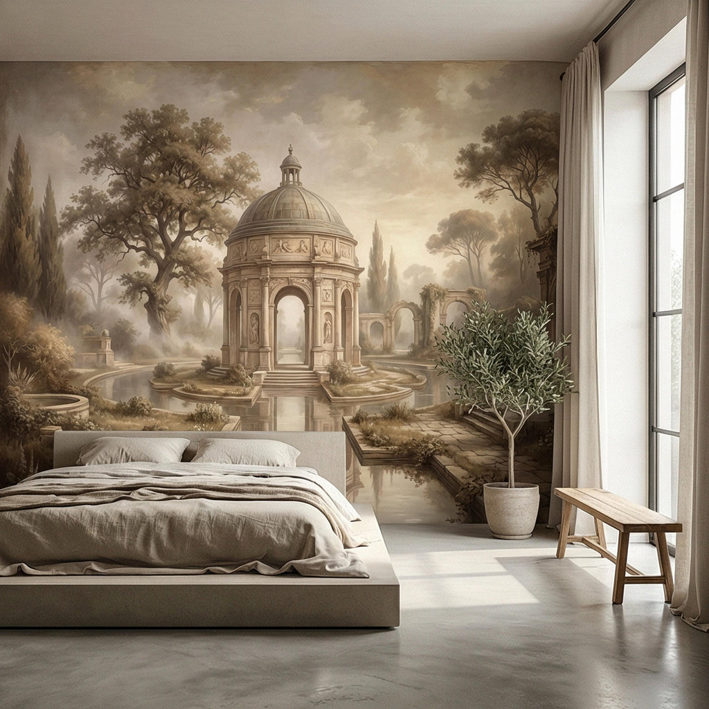 Antique Garden Peel and Stick Wall Mural, Romantic European Pavilion Landscape, Neutral Old World Architectural Wallpaper