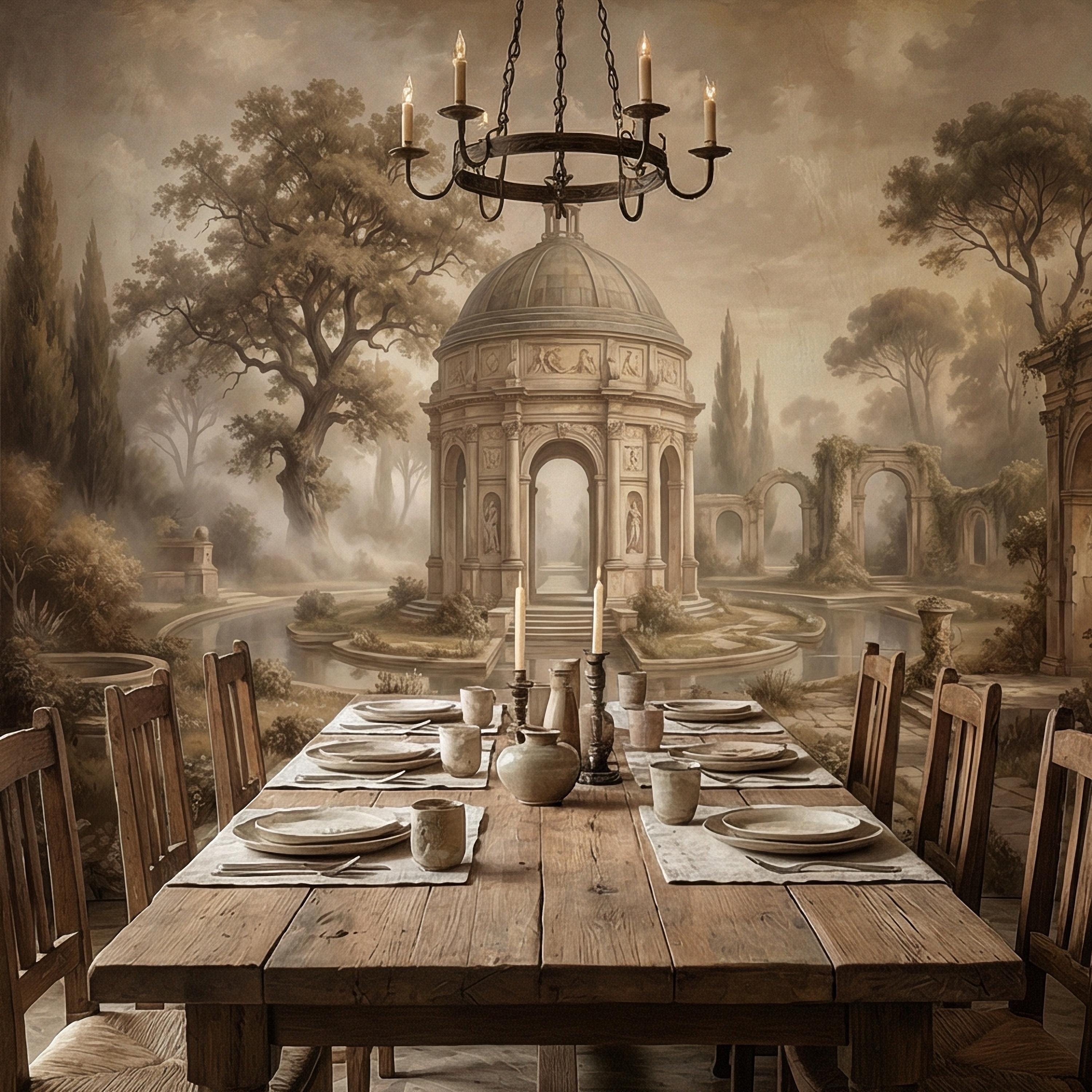 Antique Garden Peel and Stick Wall Mural, Romantic European Pavilion Landscape, Neutral Old World Architectural Wallpaper