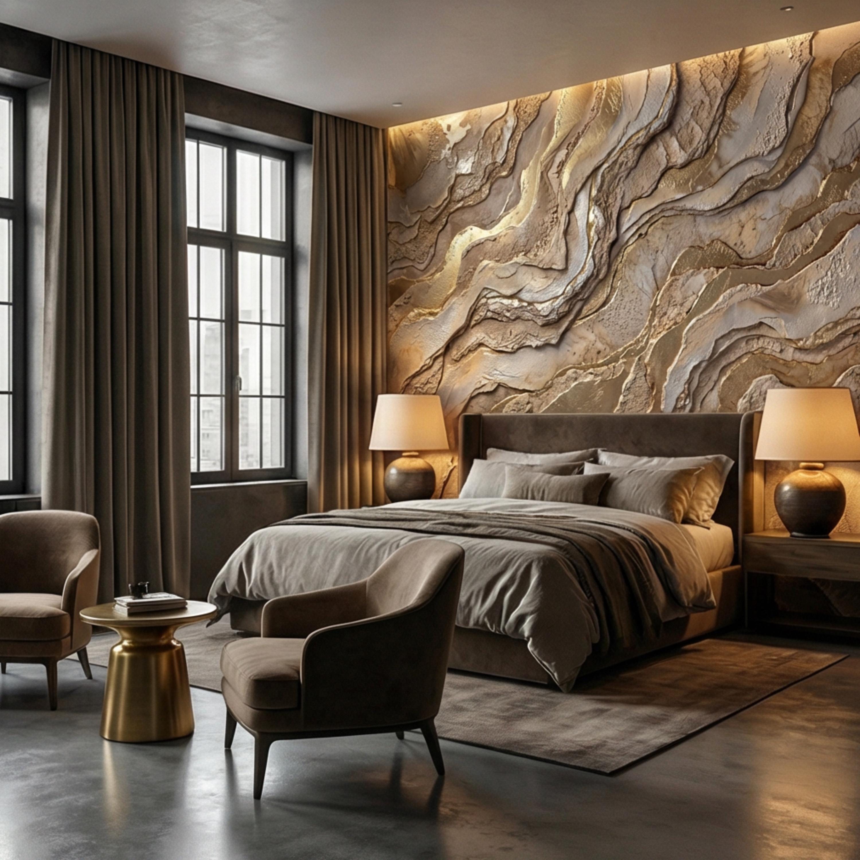 Gold and Beige Abstract Stone Effect Peel and Stick Wall Mural, Luxury Textured Wallpaper, Modern Neutral Accent Wall