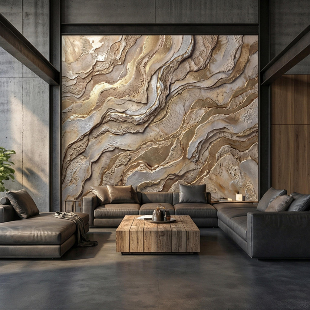 Gold and Beige Abstract Stone Effect Peel and Stick Wall Mural, Luxury Textured Wallpaper, Modern Neutral Accent Wall