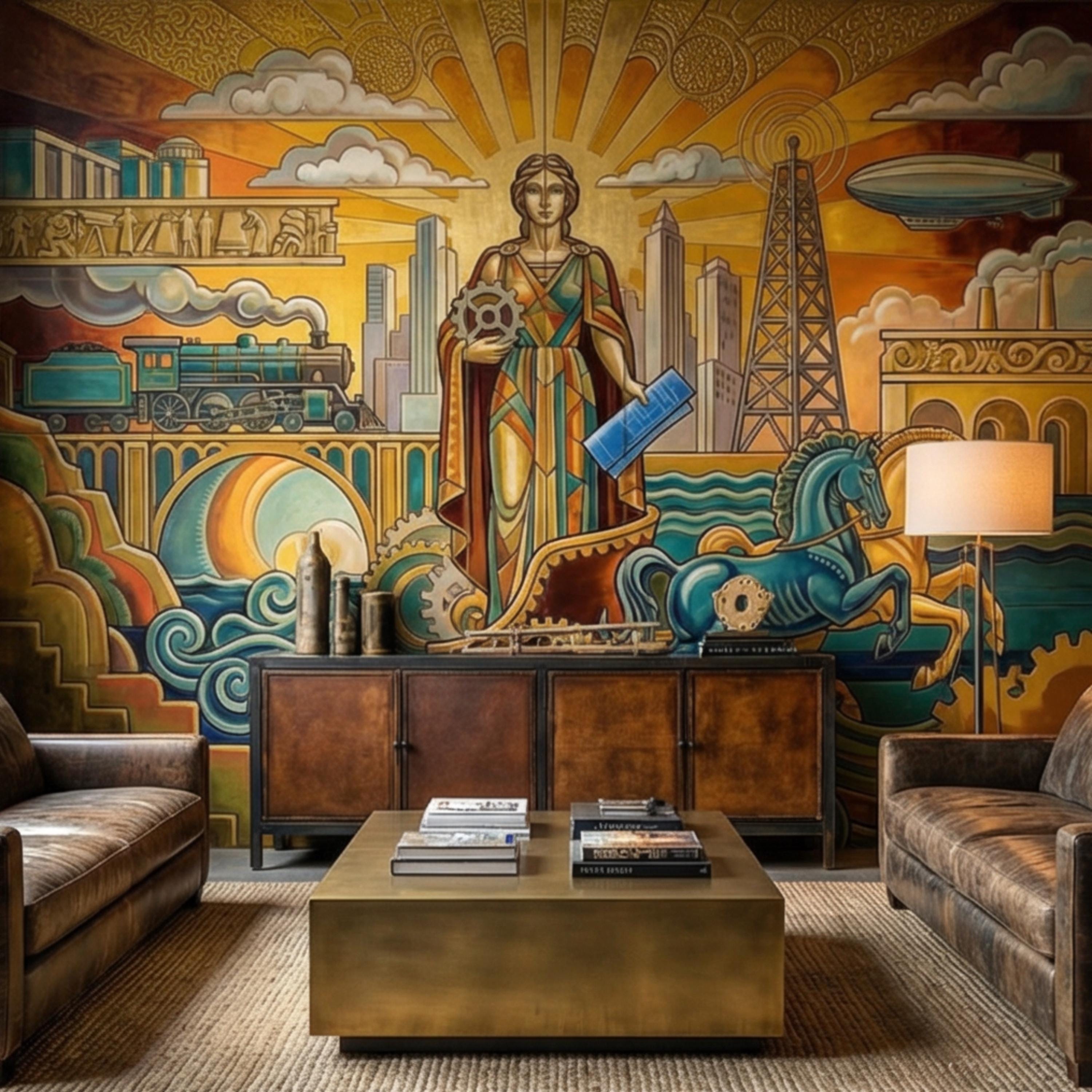 Vintage Retro Art Deco Industrial Peel and Stick Wall Mural, Grand Golden Era Industrial Cityscape Wallpaper