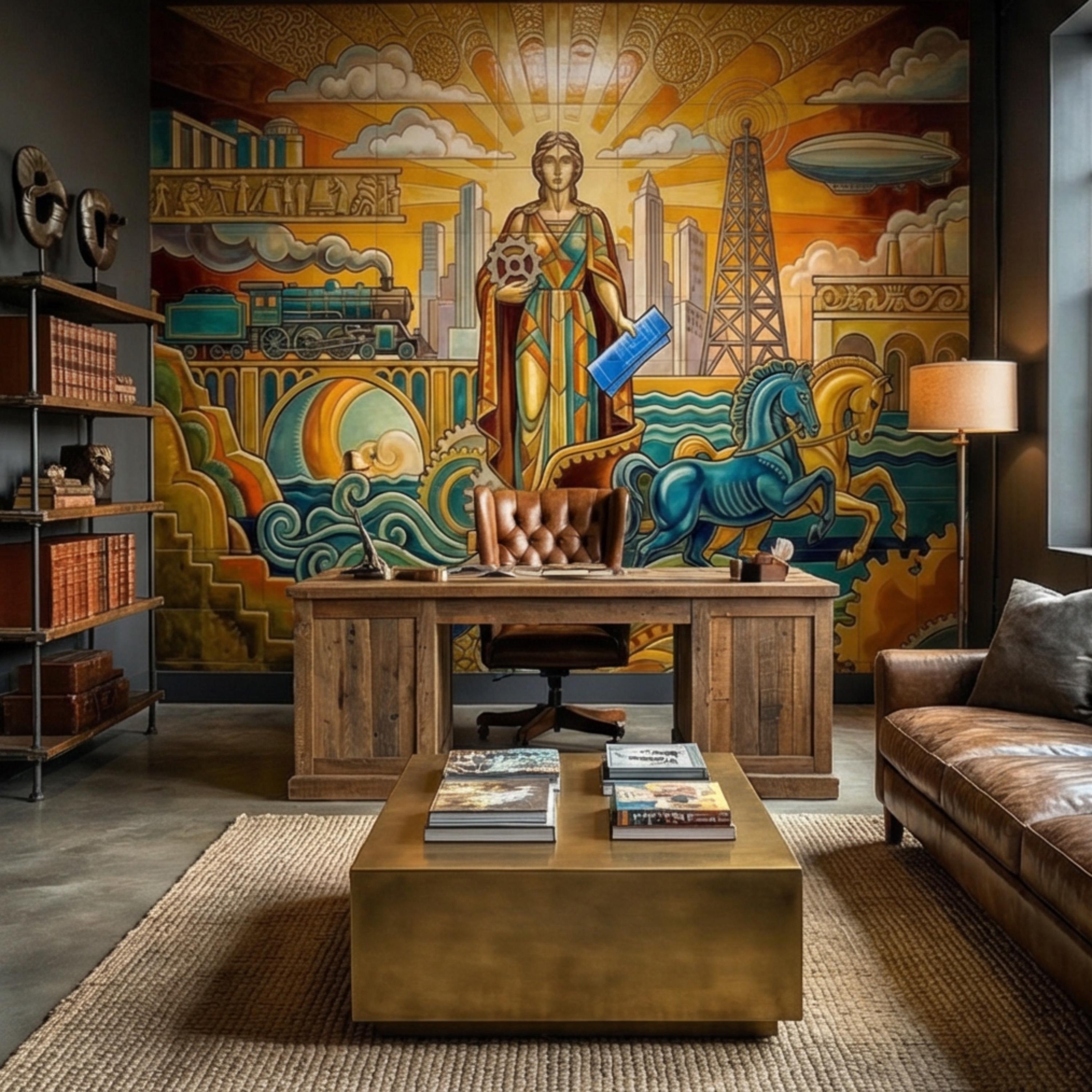 Vintage Retro Art Deco Industrial Peel and Stick Wall Mural, Grand Golden Era Industrial Cityscape Wallpaper