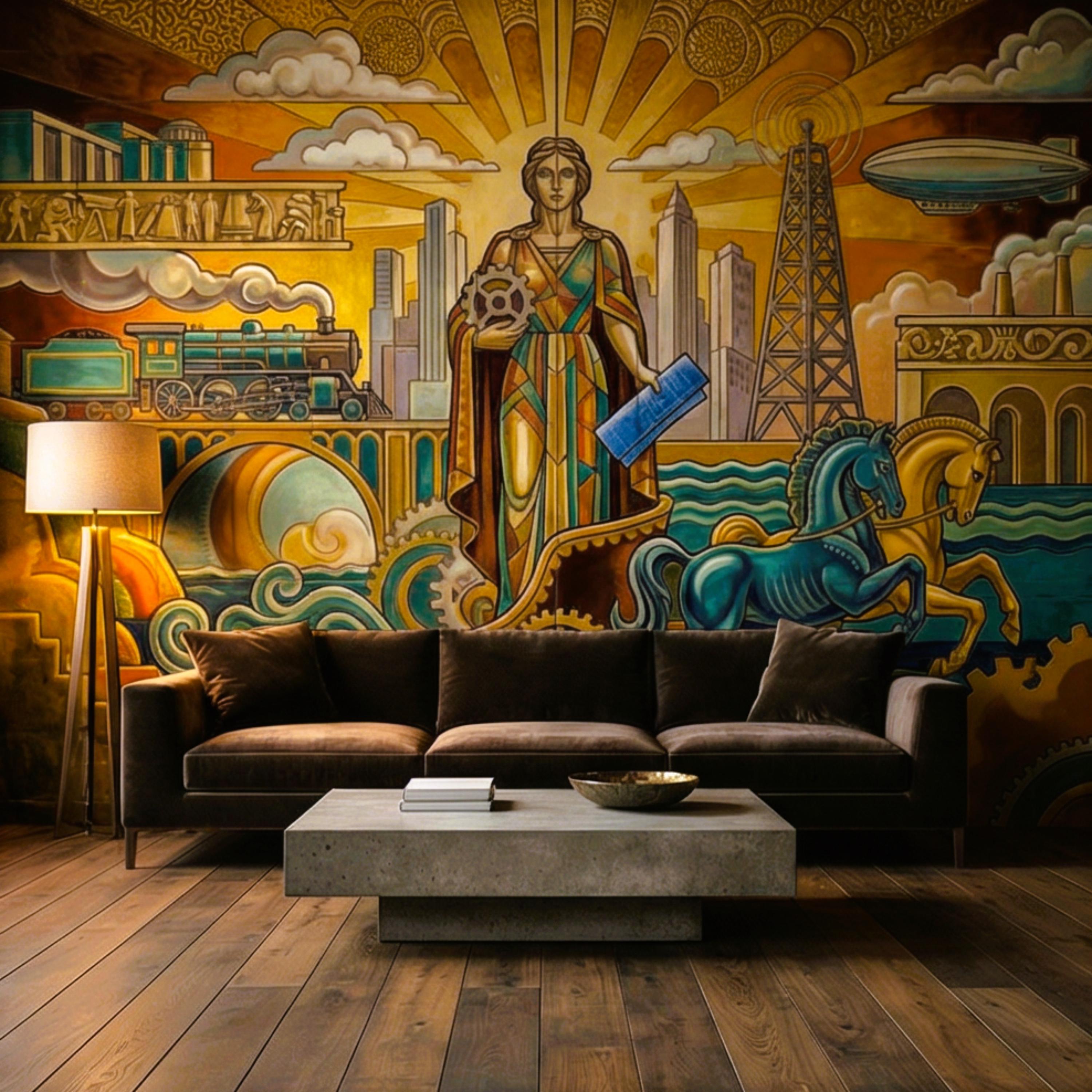 Vintage Retro Art Deco Industrial Peel and Stick Wall Mural, Grand Golden Era Industrial Cityscape Wallpaper