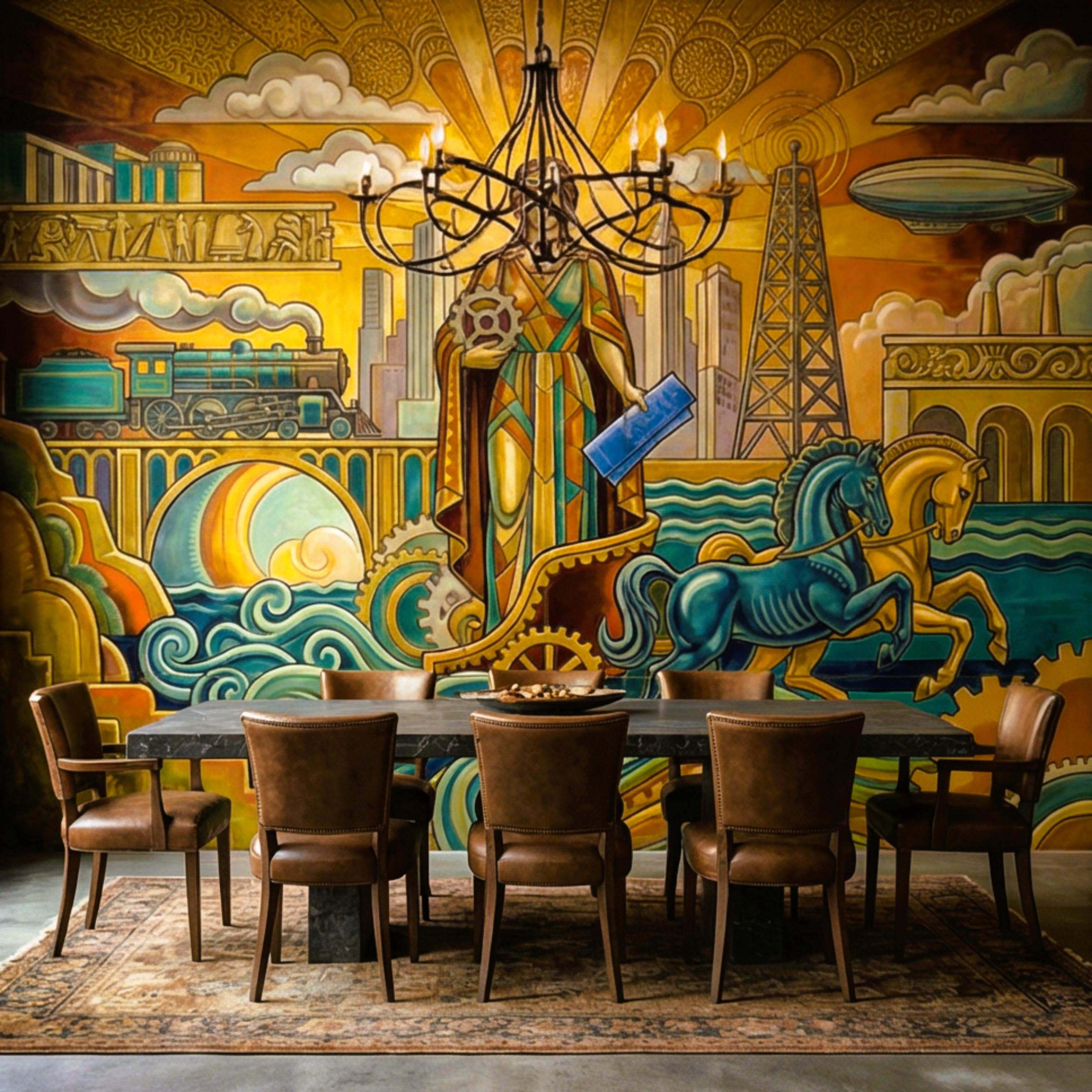 Vintage Retro Art Deco Industrial Peel and Stick Wall Mural, Grand Golden Era Industrial Cityscape Wallpaper