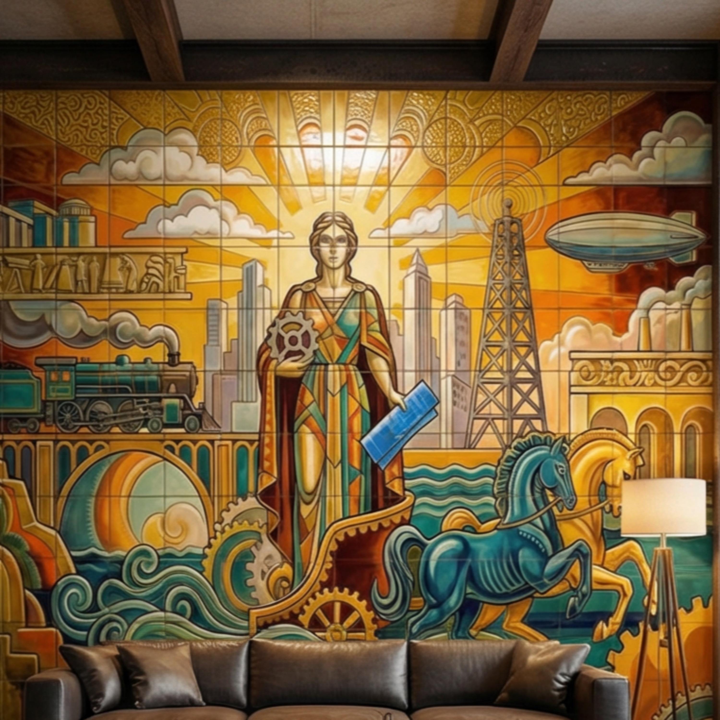 Vintage Retro Art Deco Industrial Peel and Stick Wall Mural, Grand Golden Era Industrial Cityscape Wallpaper