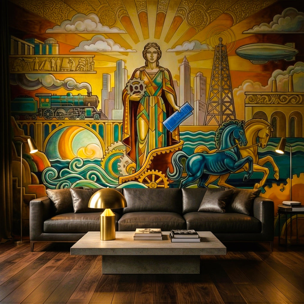 Vintage Retro Art Deco Industrial Peel and Stick Wall Mural, Grand Golden Era Industrial Cityscape Wallpaper