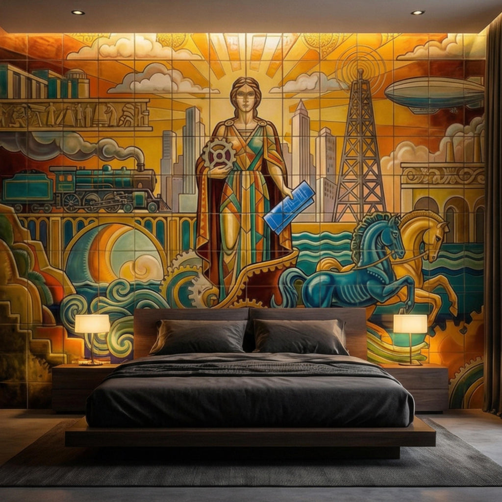 Vintage Retro Art Deco Industrial Peel and Stick Wall Mural, Grand Golden Era Industrial Cityscape Wallpaper