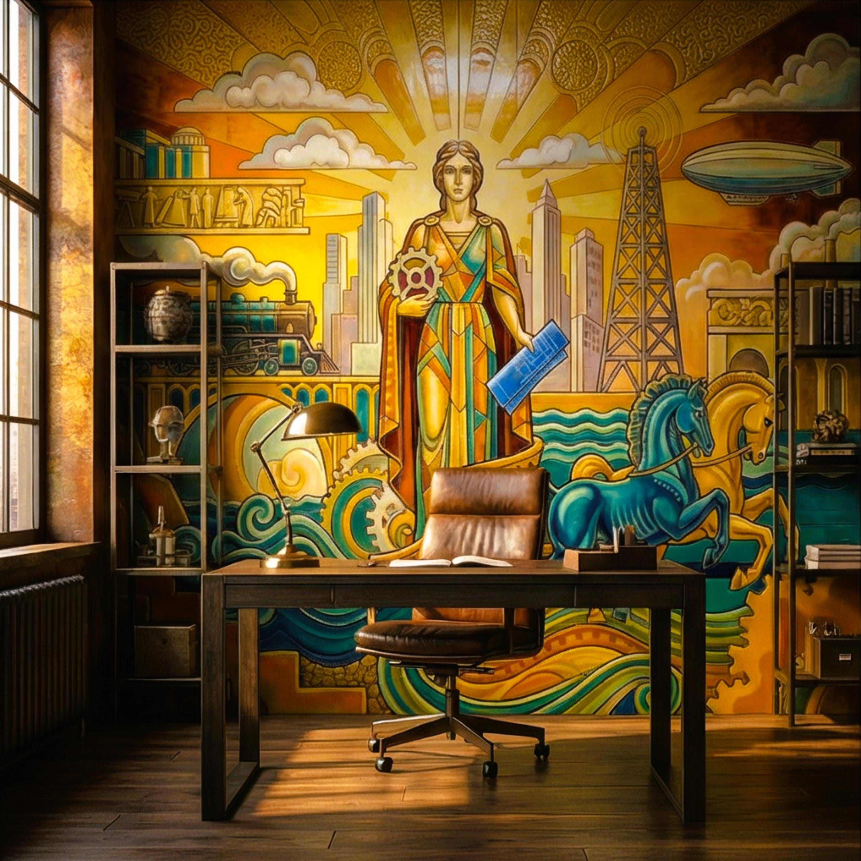 Vintage Retro Art Deco Industrial Peel and Stick Wall Mural, Grand Golden Era Industrial Cityscape Wallpaper