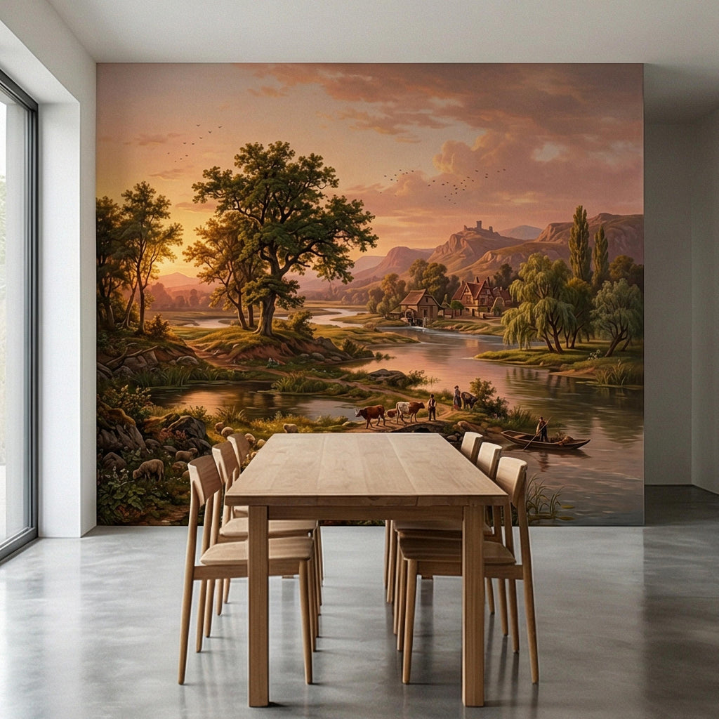 Sunset Countryside Peel and Stick Wall Mural, Rustic River Landscape Wallpaper, Pastoral Farm Village Nature Scenic Wallpaper