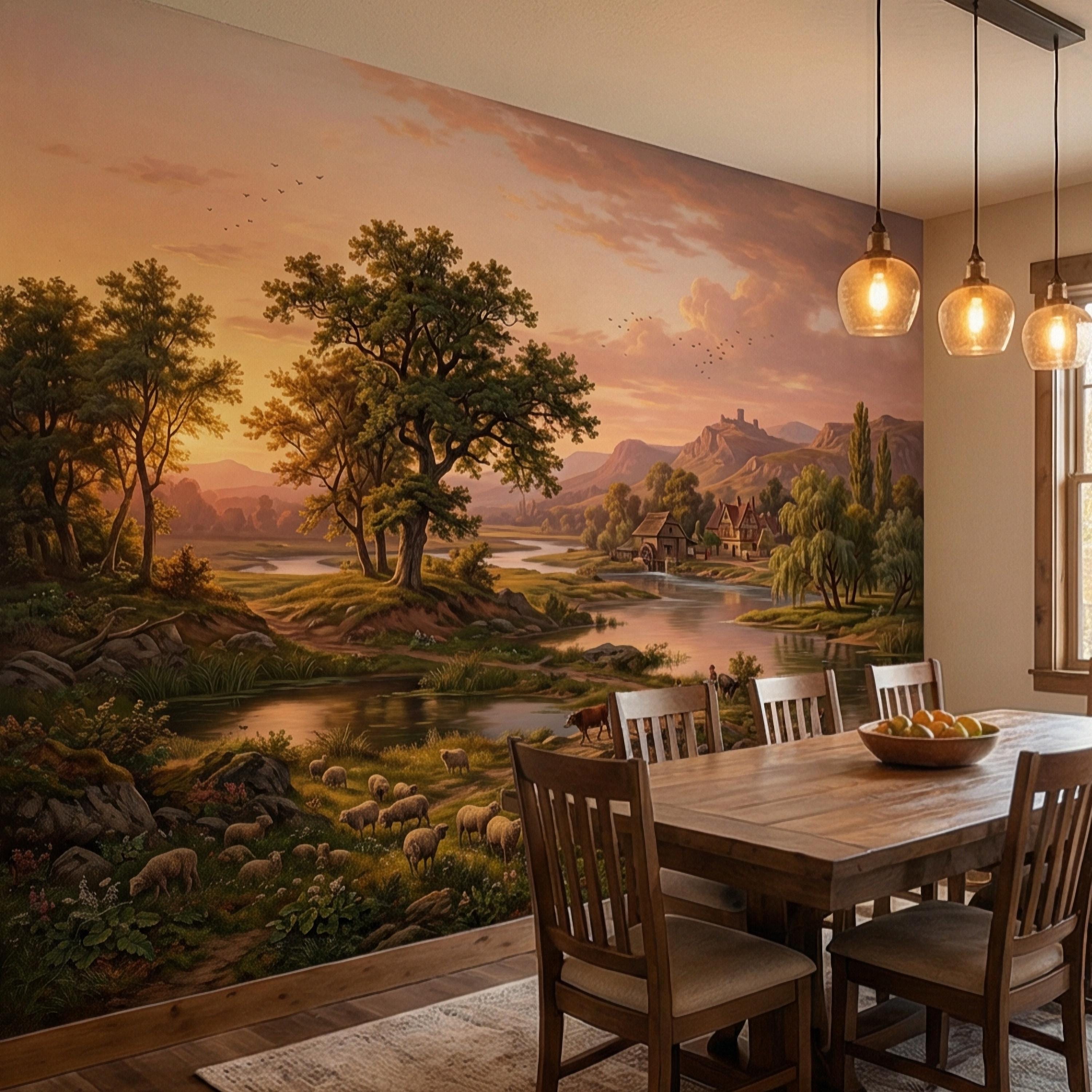 Sunset Countryside Peel and Stick Wall Mural, Rustic River Landscape Wallpaper, Pastoral Farm Village Nature Scenic Wallpaper