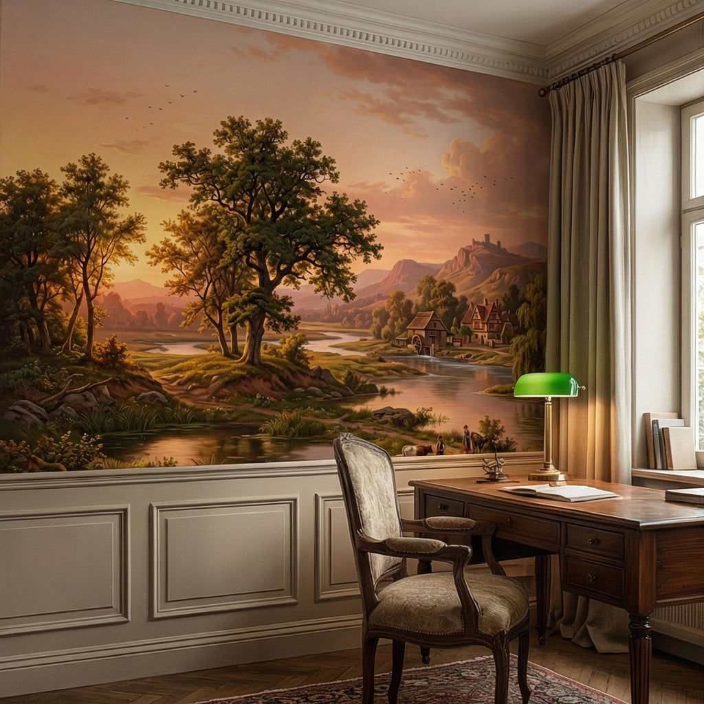 Sunset Countryside Peel and Stick Wall Mural, Rustic River Landscape Wallpaper, Pastoral Farm Village Nature Scenic Wallpaper