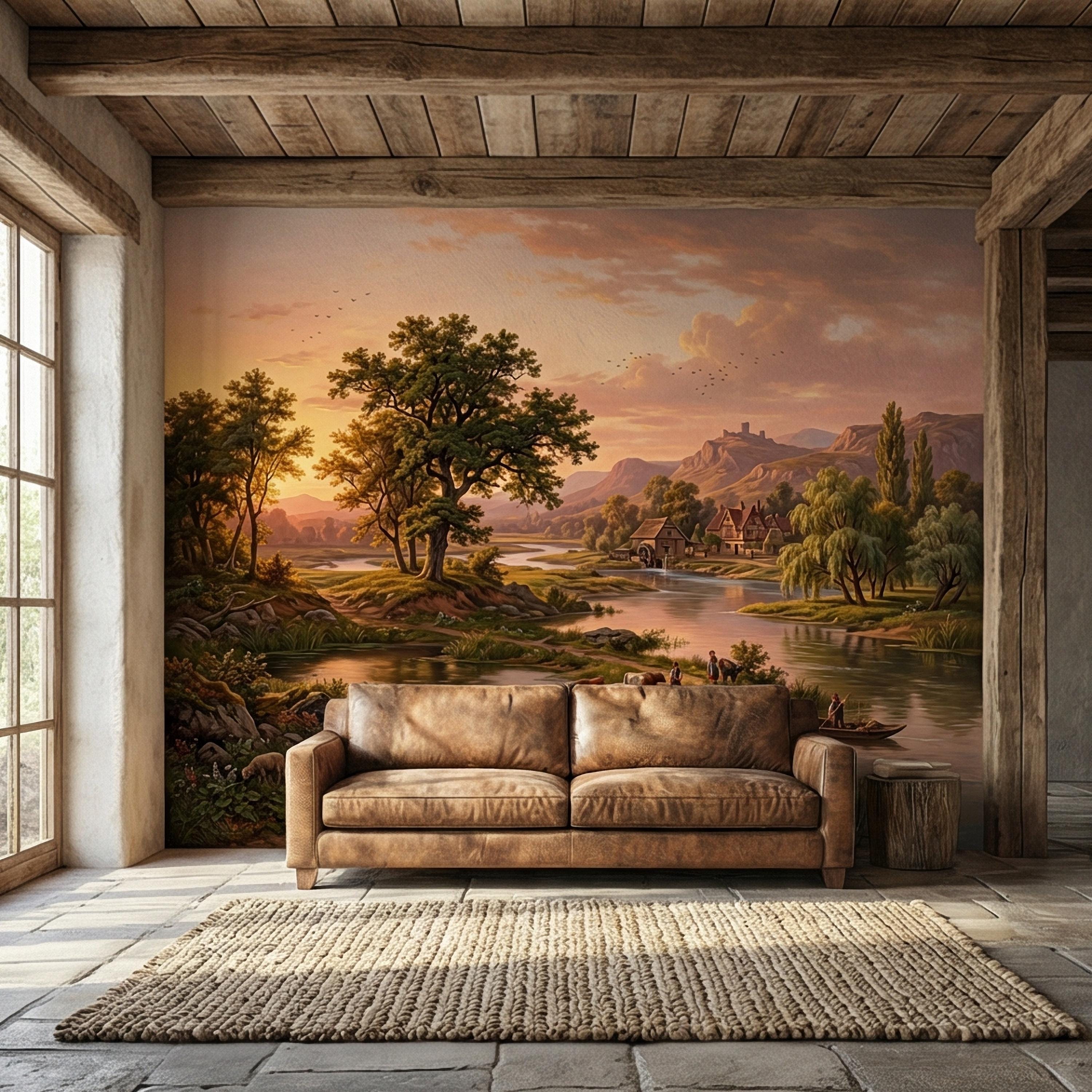 Sunset Countryside Peel and Stick Wall Mural, Rustic River Landscape Wallpaper, Pastoral Farm Village Nature Scenic Wallpaper