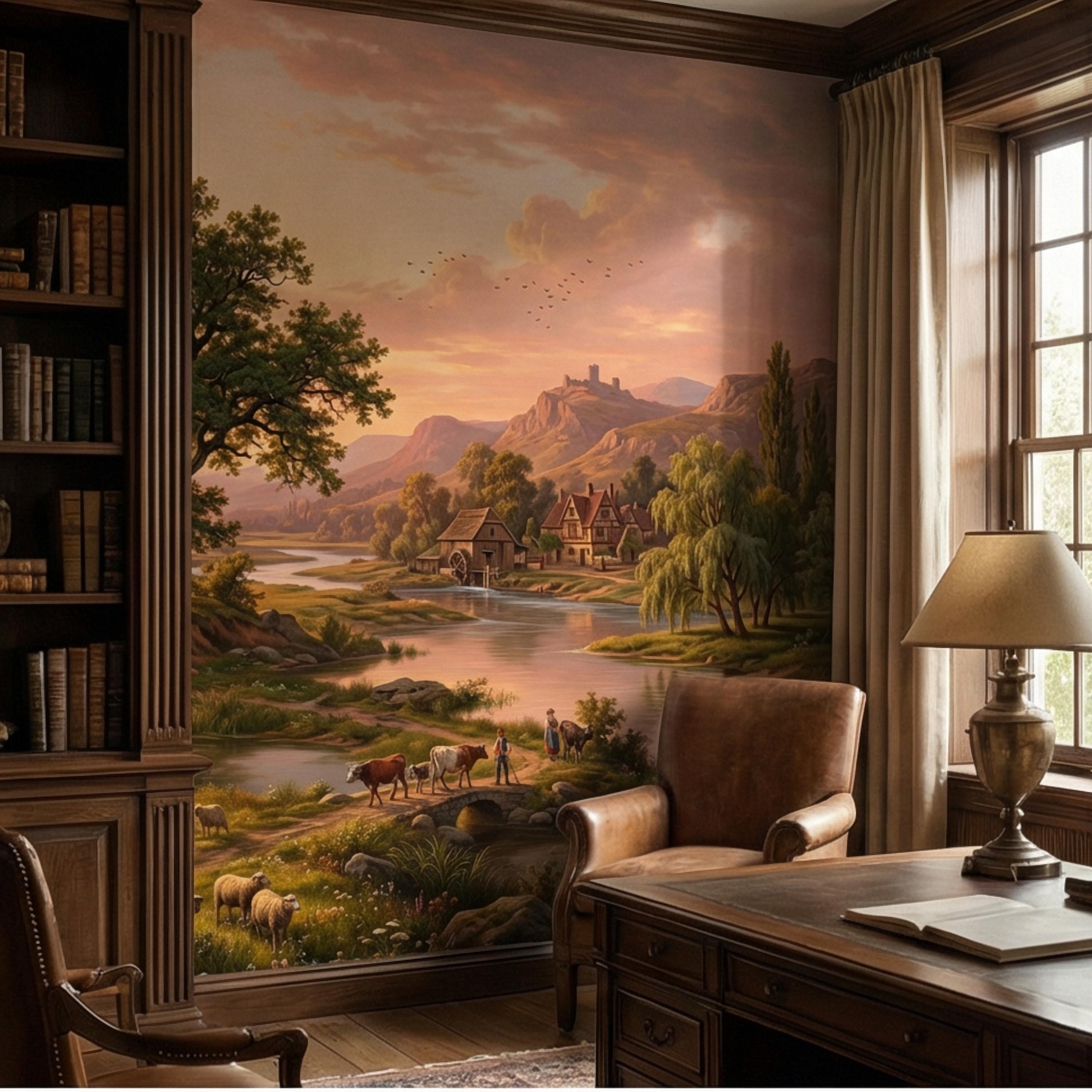 Sunset Countryside Peel and Stick Wall Mural, Rustic River Landscape Wallpaper, Pastoral Farm Village Nature Scenic Wallpaper