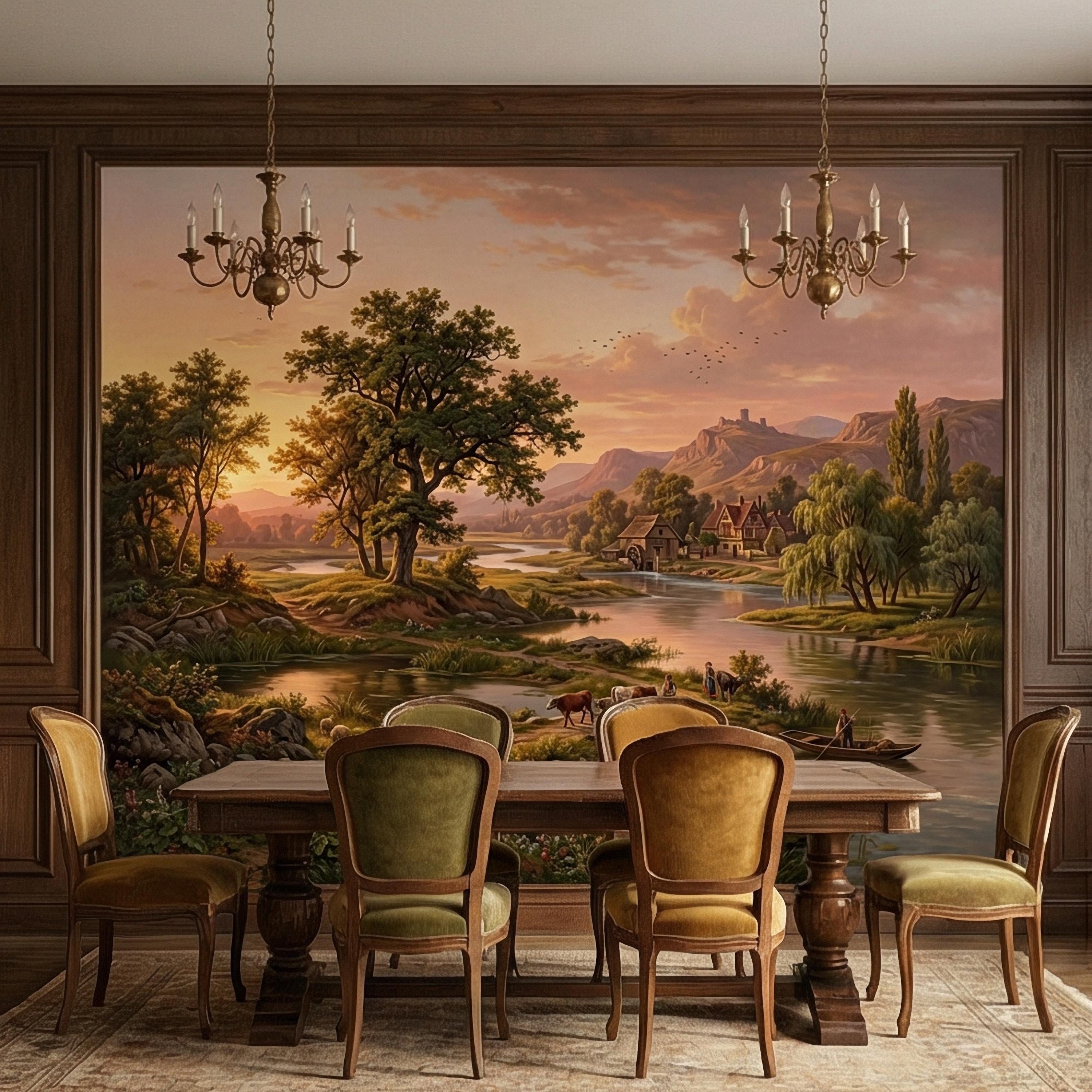 Sunset Countryside Peel and Stick Wall Mural, Rustic River Landscape Wallpaper, Pastoral Farm Village Nature Scenic Wallpaper