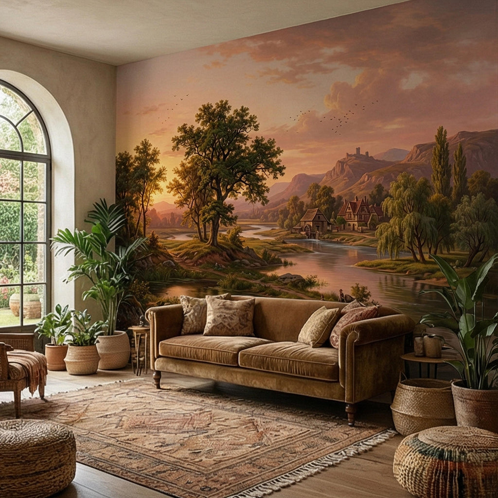 Sunset Countryside Peel and Stick Wall Mural, Rustic River Landscape Wallpaper, Pastoral Farm Village Nature Scenic Wallpaper