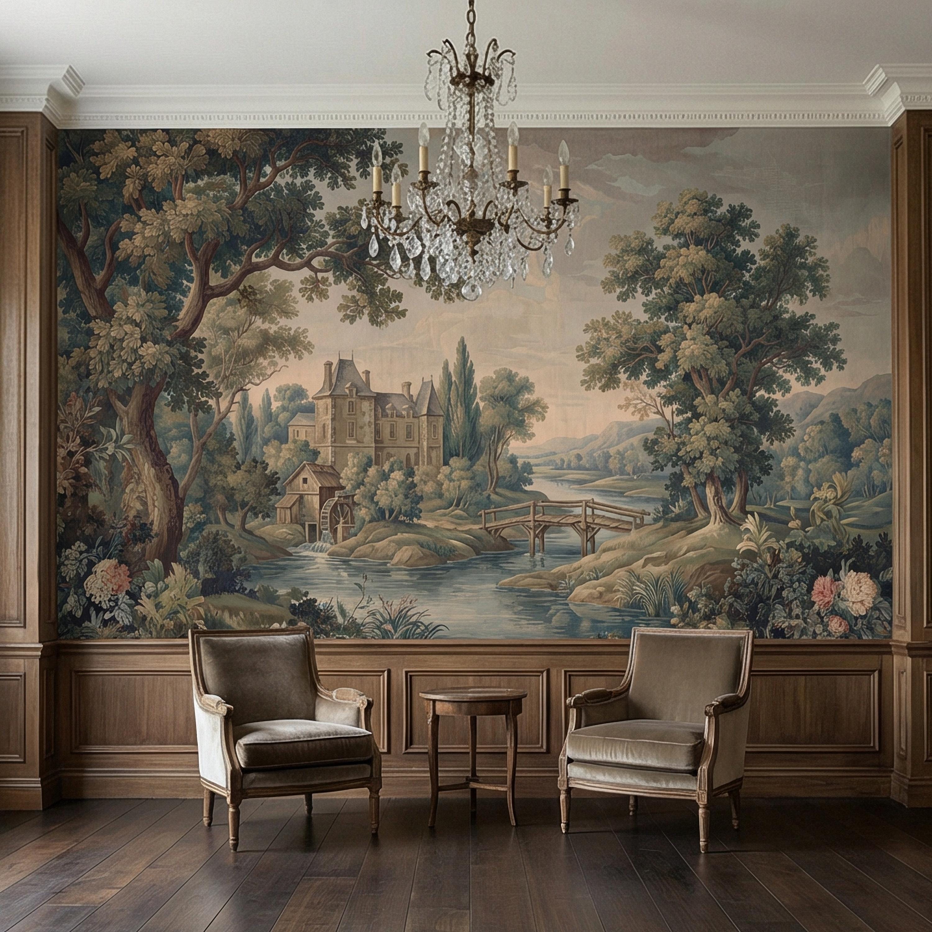 French Chateau Peel and Stick Wall Mural, Vintage River Landscape, Antique Scenic Garden, Romantic Old World Wallpaper