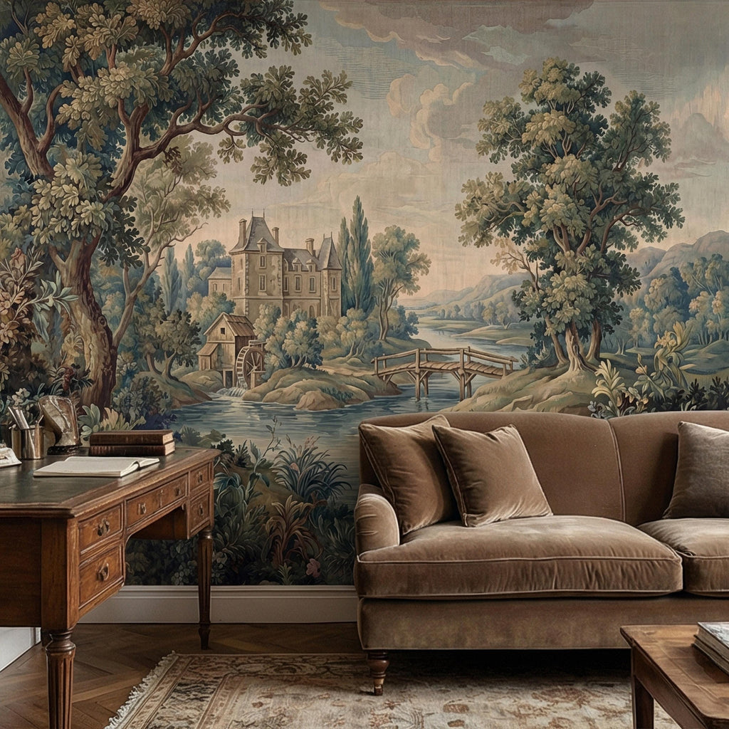 French Chateau Peel and Stick Wall Mural, Vintage River Landscape, Antique Scenic Garden, Romantic Old World Wallpaper