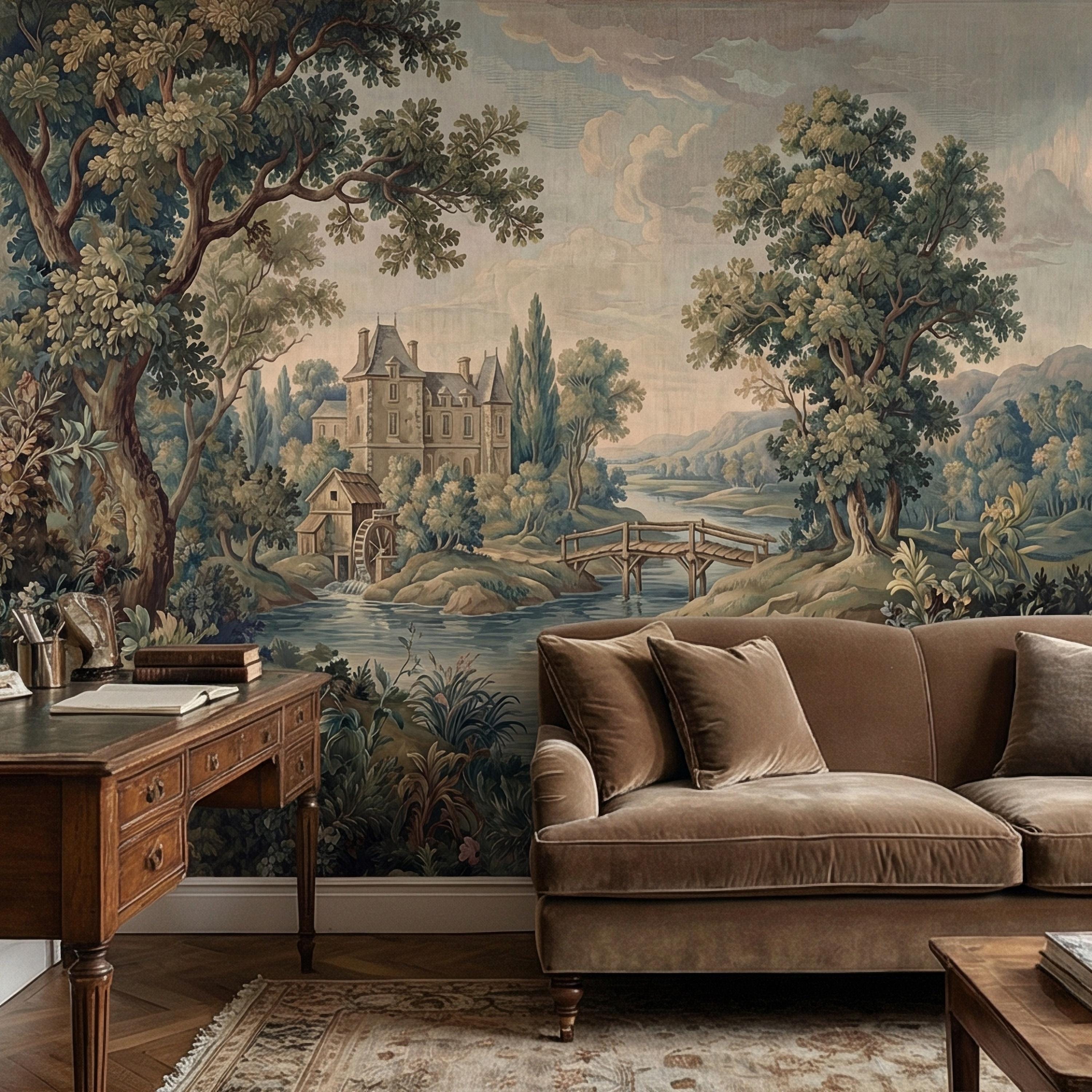 French Chateau Peel and Stick Wall Mural, Vintage River Landscape, Antique Scenic Garden, Romantic Old World Wallpaper