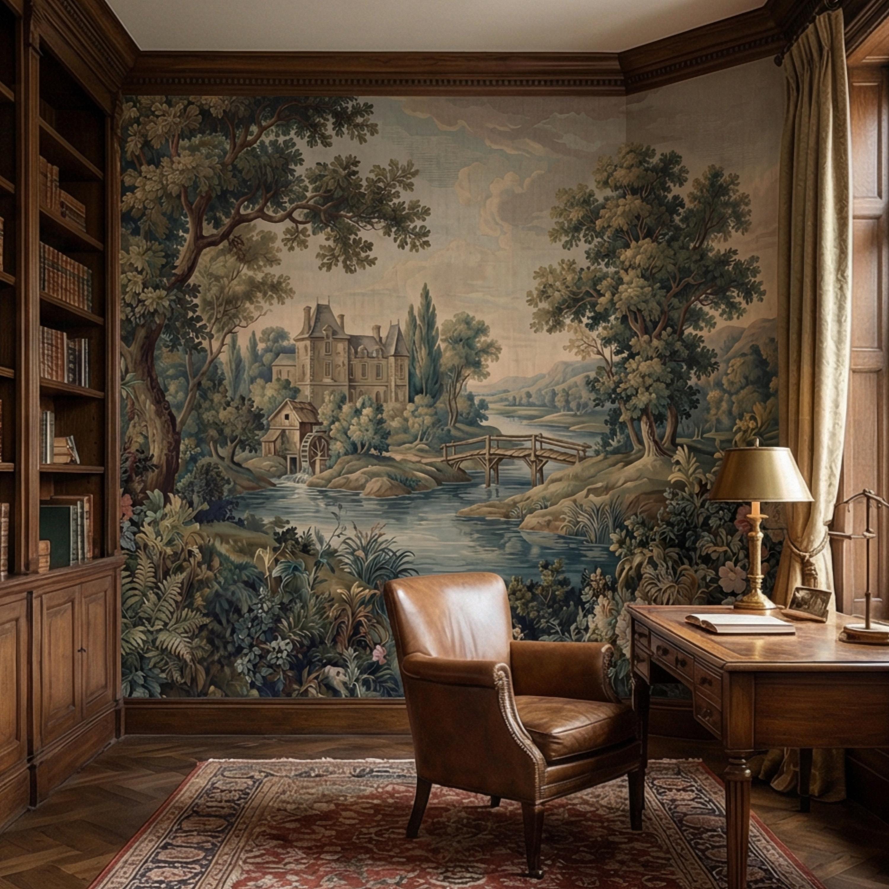 French Chateau Peel and Stick Wall Mural, Vintage River Landscape, Antique Scenic Garden, Romantic Old World Wallpaper