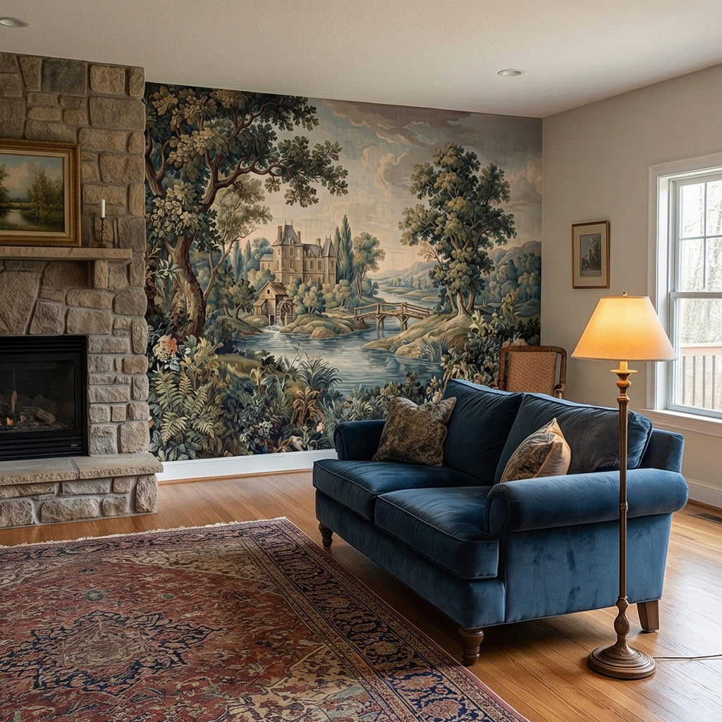 French Chateau Peel and Stick Wall Mural, Vintage River Landscape, Antique Scenic Garden, Romantic Old World Wallpaper