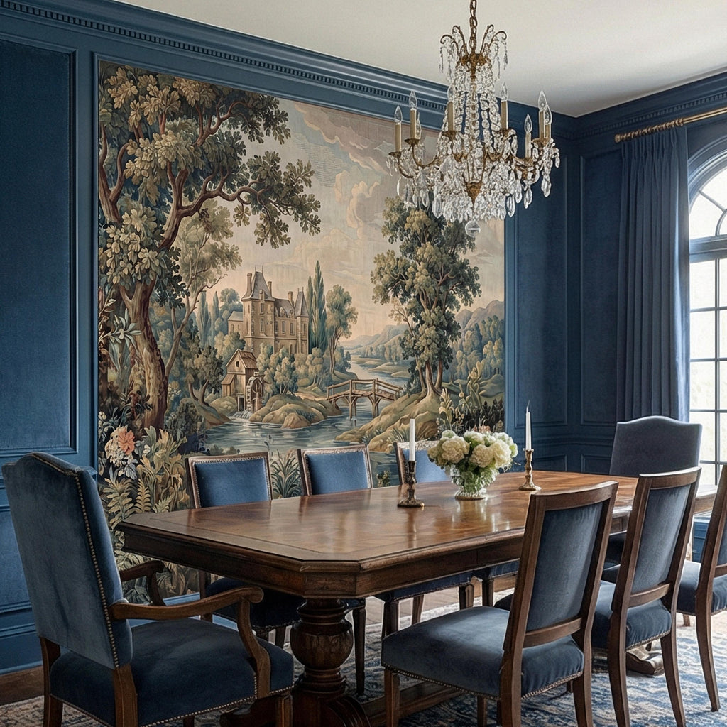 French Chateau Peel and Stick Wall Mural, Vintage River Landscape, Antique Scenic Garden, Romantic Old World Wallpaper