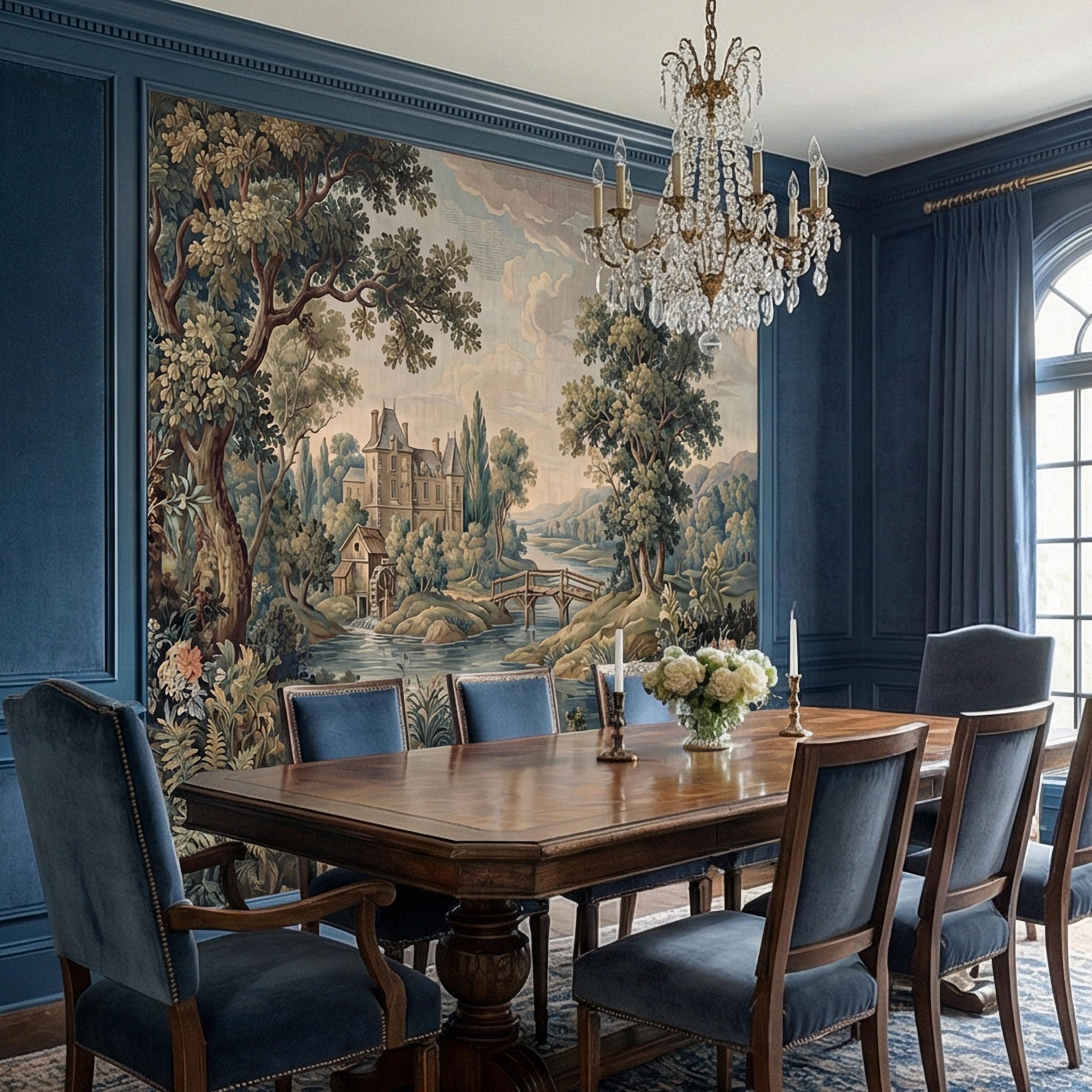 French Chateau Peel and Stick Wall Mural, Vintage River Landscape, Antique Scenic Garden, Romantic Old World Wallpaper