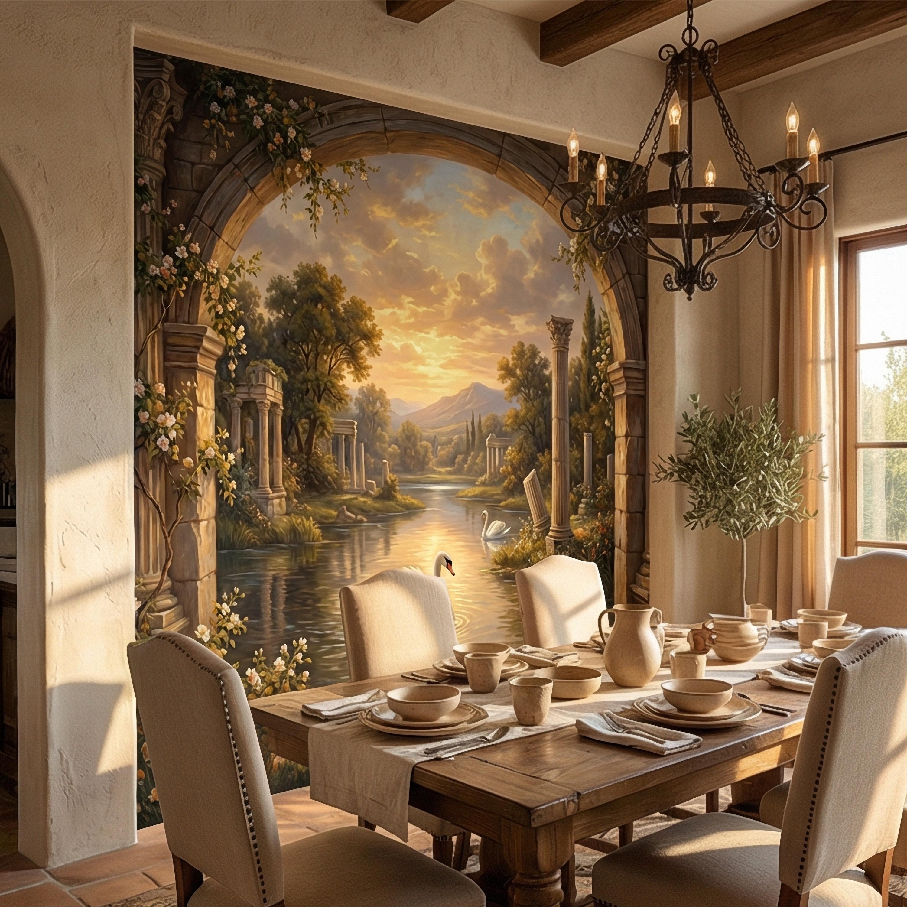 Swan Peel and Stick Wall Mural, Romantic Ruins Landscape, Sunset Lake Archway, Classical Garden Nature Wallpaper