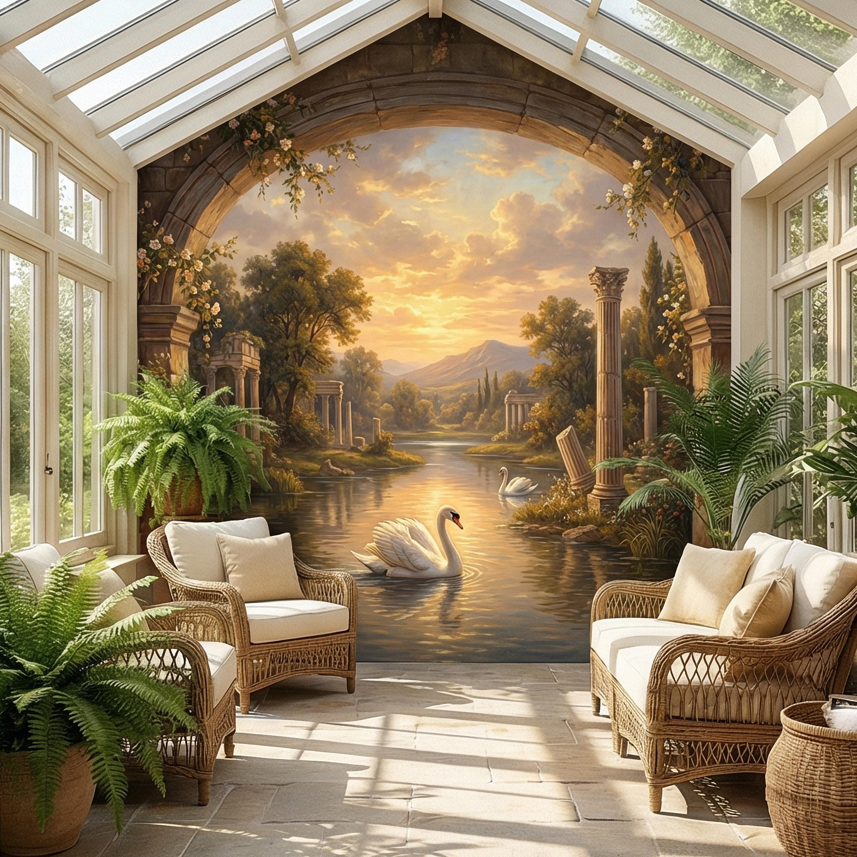 Swan Peel and Stick Wall Mural, Romantic Ruins Landscape, Sunset Lake Archway, Classical Garden Nature Wallpaper