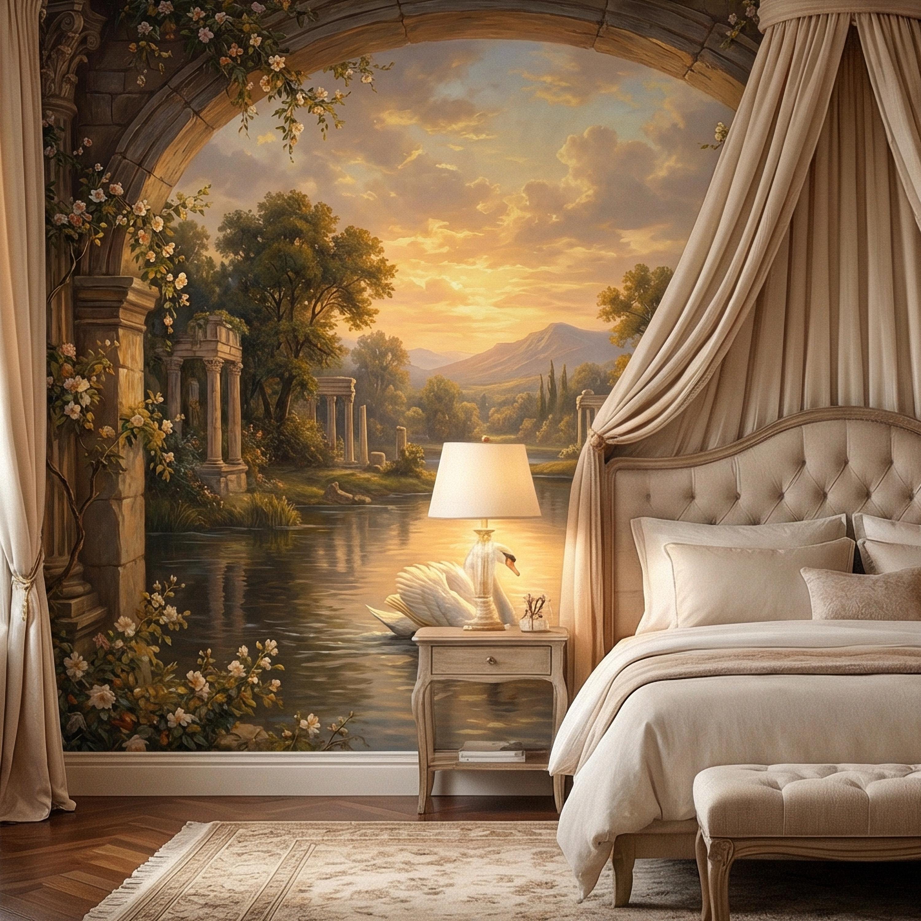 Swan Peel and Stick Wall Mural, Romantic Ruins Landscape, Sunset Lake Archway, Classical Garden Nature Wallpaper