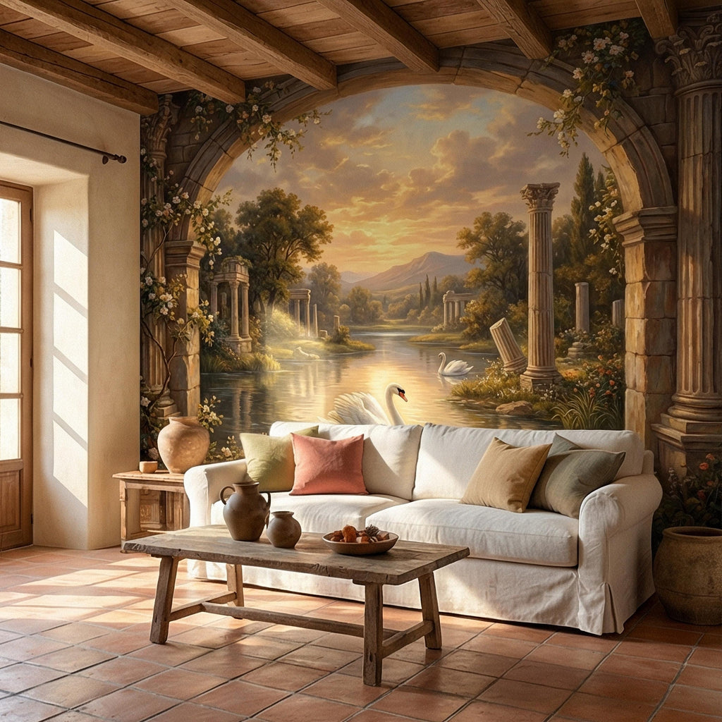 Swan Peel and Stick Wall Mural, Romantic Ruins Landscape, Sunset Lake Archway, Classical Garden Nature Wallpaper