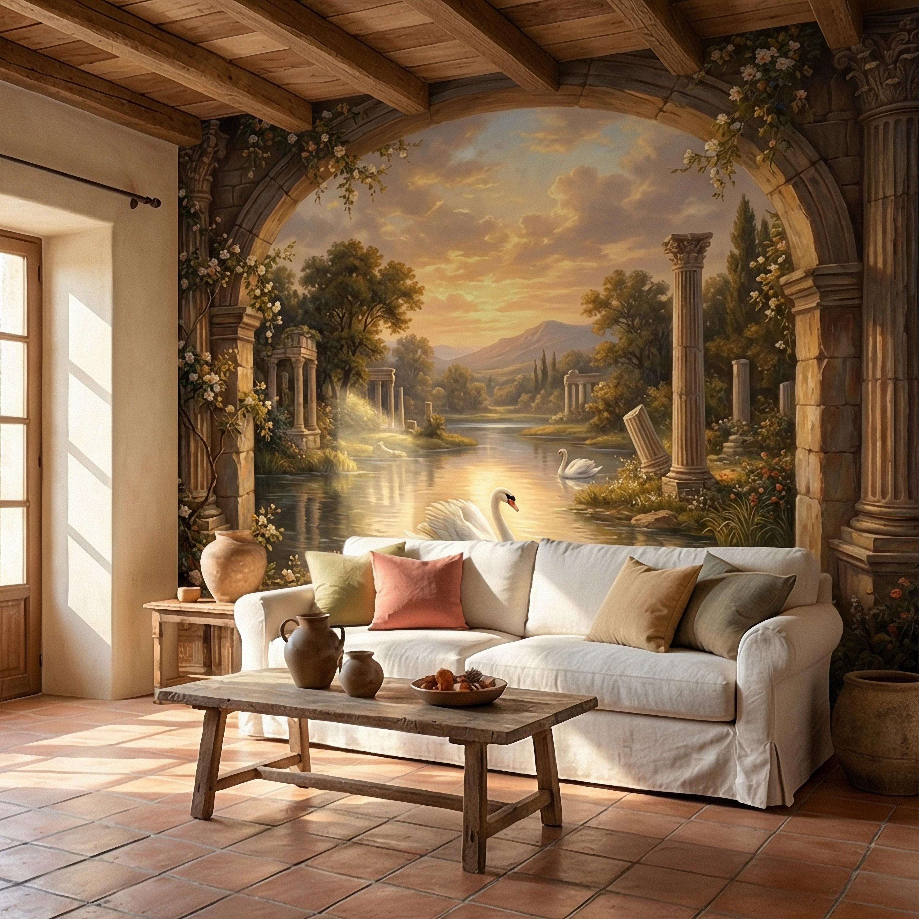 Swan Peel and Stick Wall Mural, Romantic Ruins Landscape, Sunset Lake Archway, Classical Garden Nature Wallpaper
