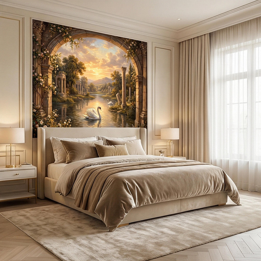 Swan Peel and Stick Wall Mural, Romantic Ruins Landscape, Sunset Lake Archway, Classical Garden Nature Wallpaper