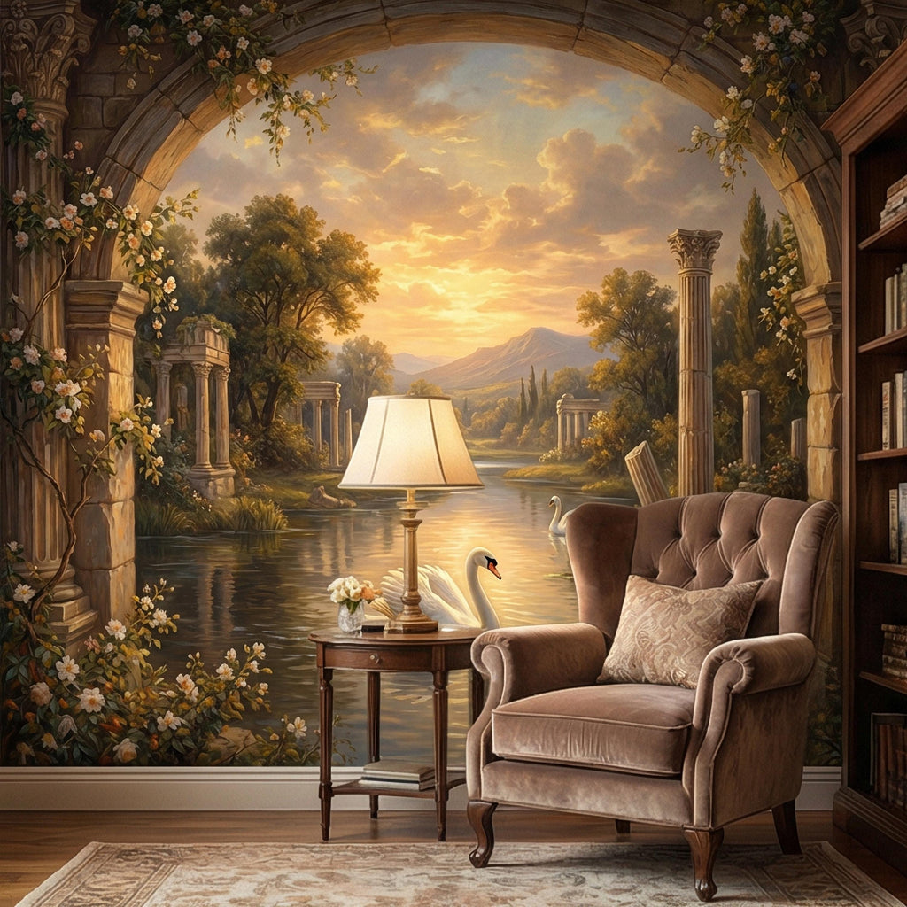 Swan Peel and Stick Wall Mural, Romantic Ruins Landscape, Sunset Lake Archway, Classical Garden Nature Wallpaper