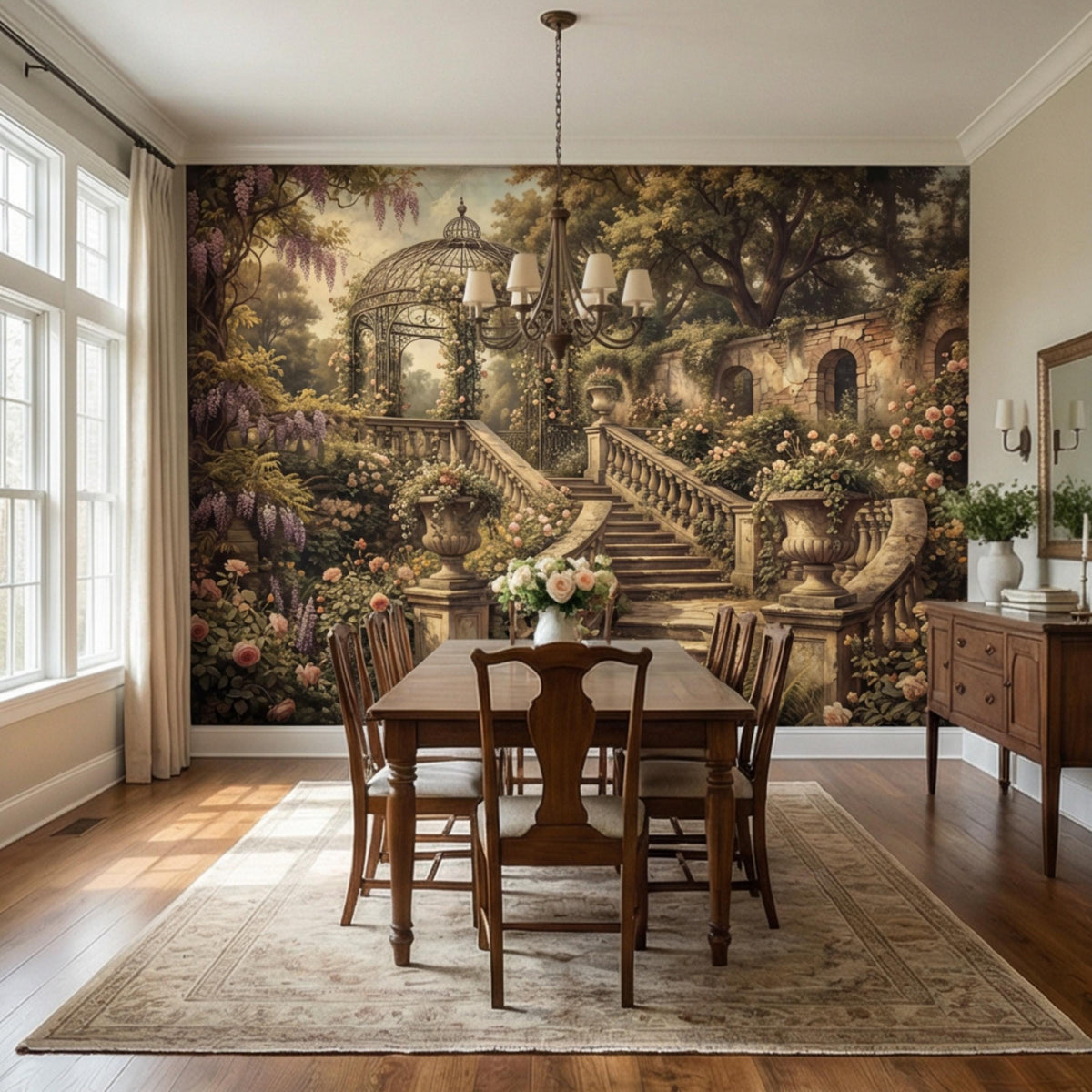 Garden gazebo wall mural with staircase, archway backdrop, and abundant blossoms