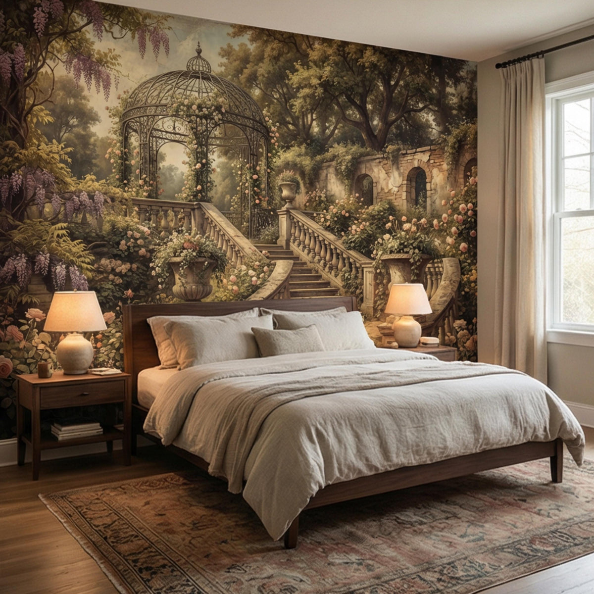 Vintage floral wall mural with gazebo dome, steps, and blooming pots along the railing