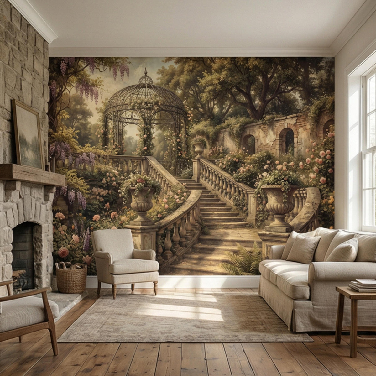 Floral garden wall mural with gazebo dome, winding stairs, and potted blossoms