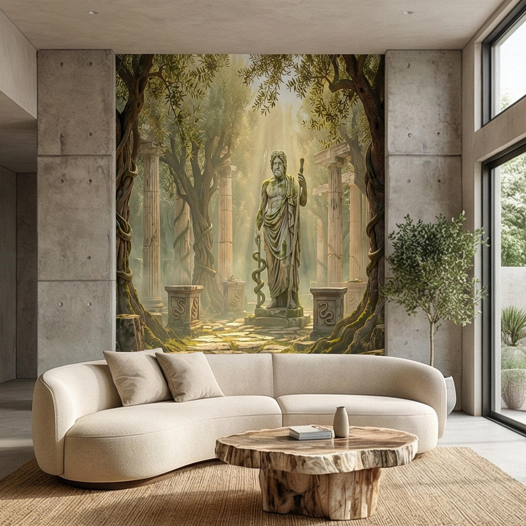 Mythic Statue Peel and Stick Wall Mural, Surreal Ancient Ruins Temple, Abstract Classical Fantasy Art Wallpaper