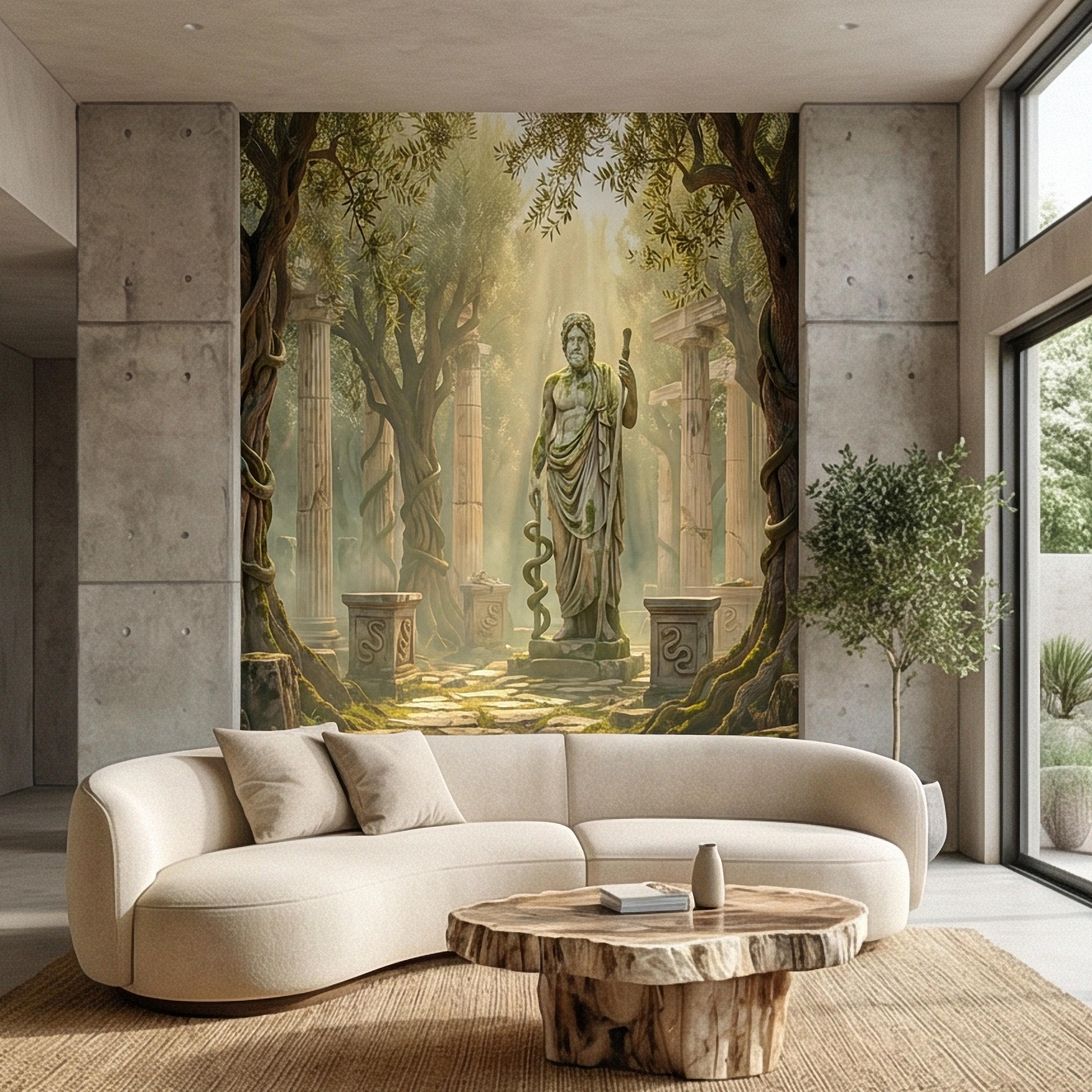 Mythic Statue Peel and Stick Wall Mural, Surreal Ancient Ruins Temple, Abstract Classical Fantasy Art Wallpaper