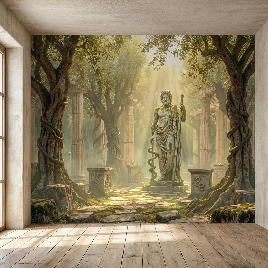 Mythic Statue Peel and Stick Wall Mural, Surreal Ancient Ruins Temple, Abstract Classical Fantasy Art Wallpaper