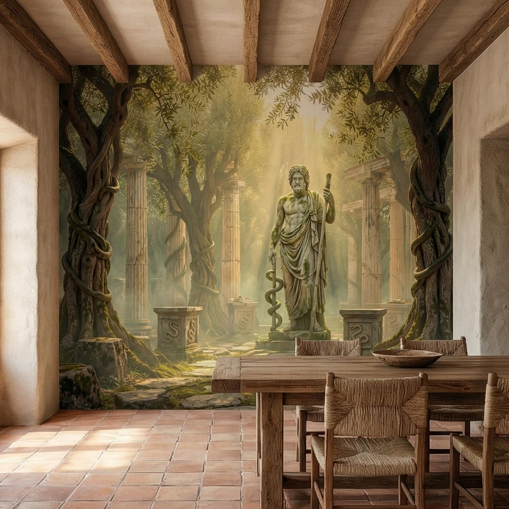 Mythic Statue Peel and Stick Wall Mural, Surreal Ancient Ruins Temple, Abstract Classical Fantasy Art Wallpaper