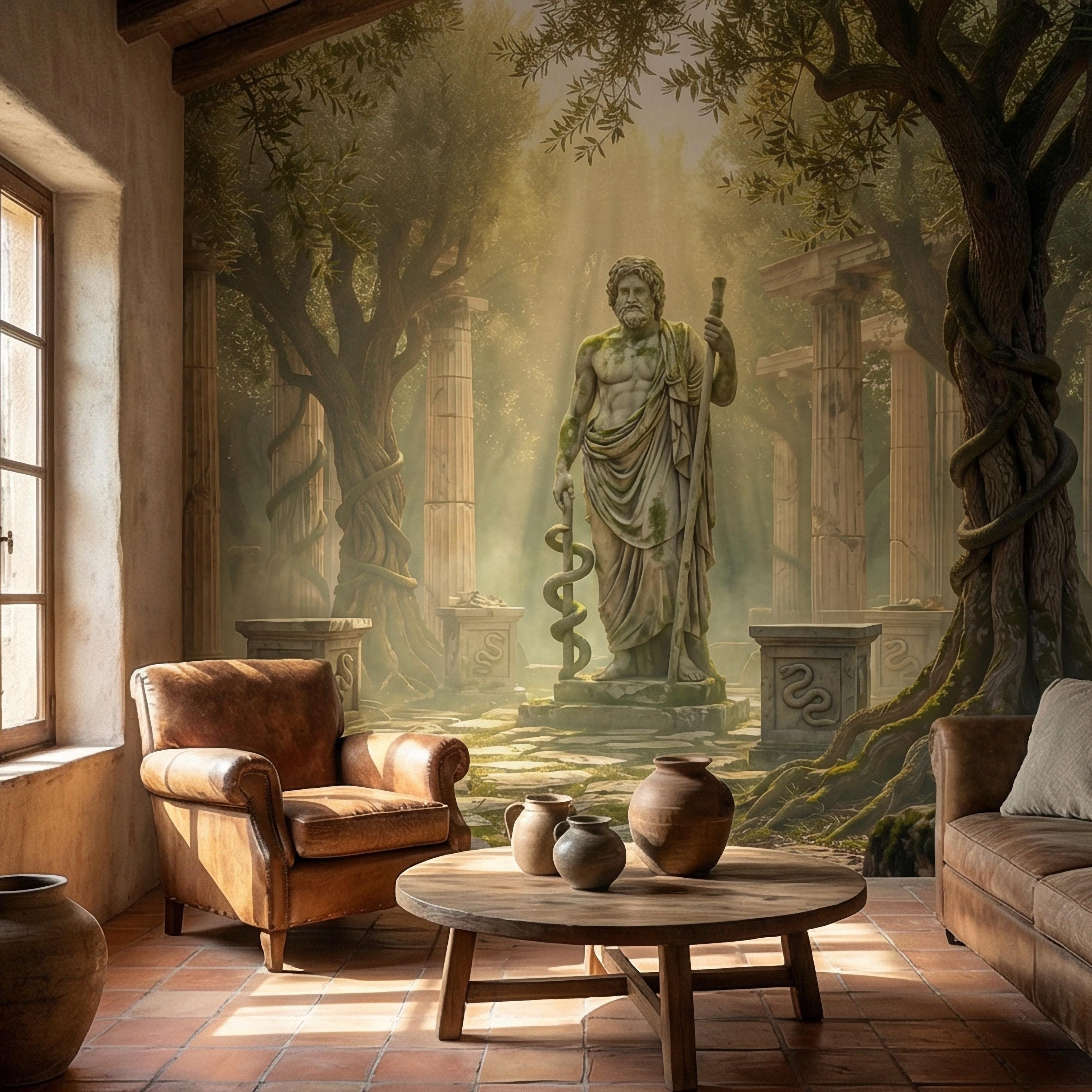 Mythic Statue Peel and Stick Wall Mural, Surreal Ancient Ruins Temple, Abstract Classical Fantasy Art Wallpaper