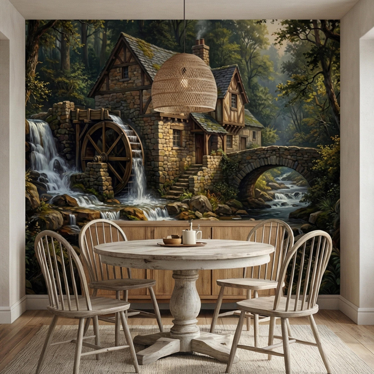 Rustic forest cottage waterfall wall mural featuring stone wheel and arched bridge