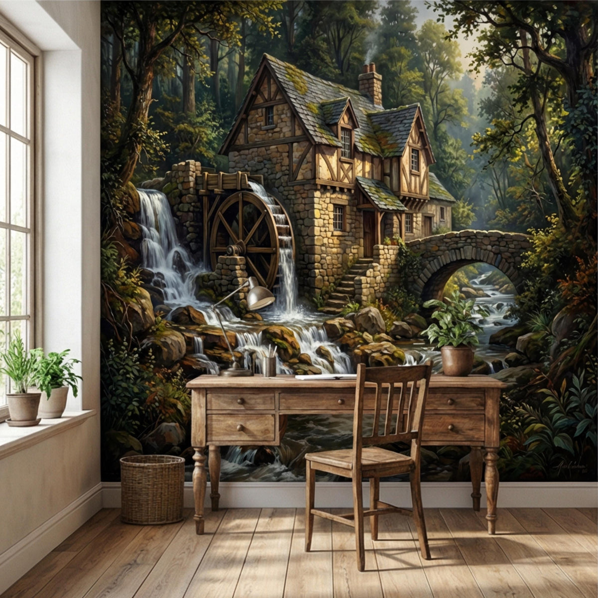 Scenic waterfall cottage wall mural with stone mill wheel, houses, and arched bridge