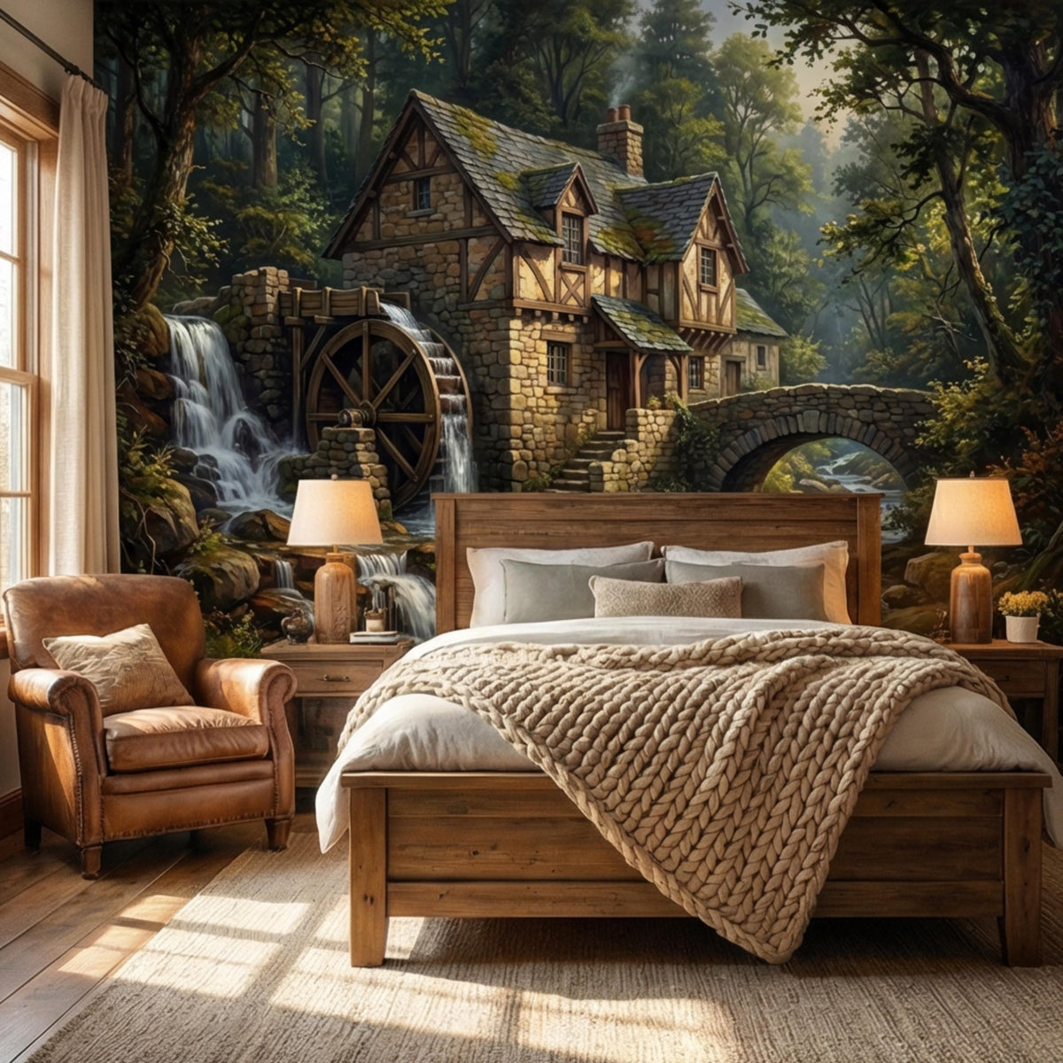 Cozy forest cottage waterfall mural with stone wheel, arched bridge, and houses