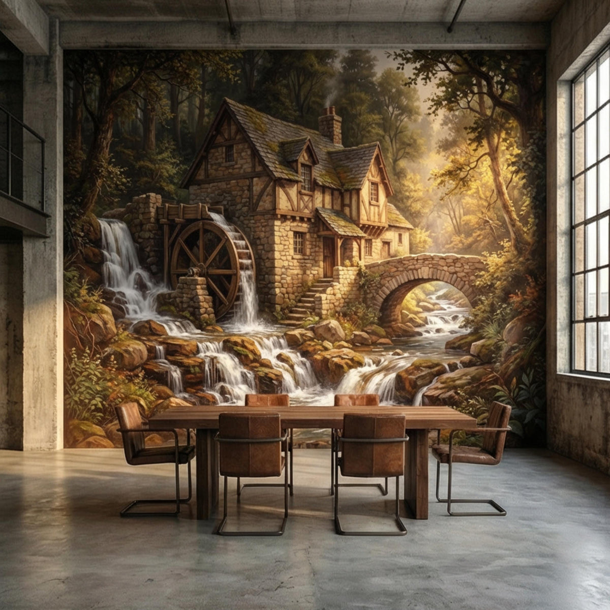 Forest village waterfall wall mural with stone houses, water wheel, and arched bridge