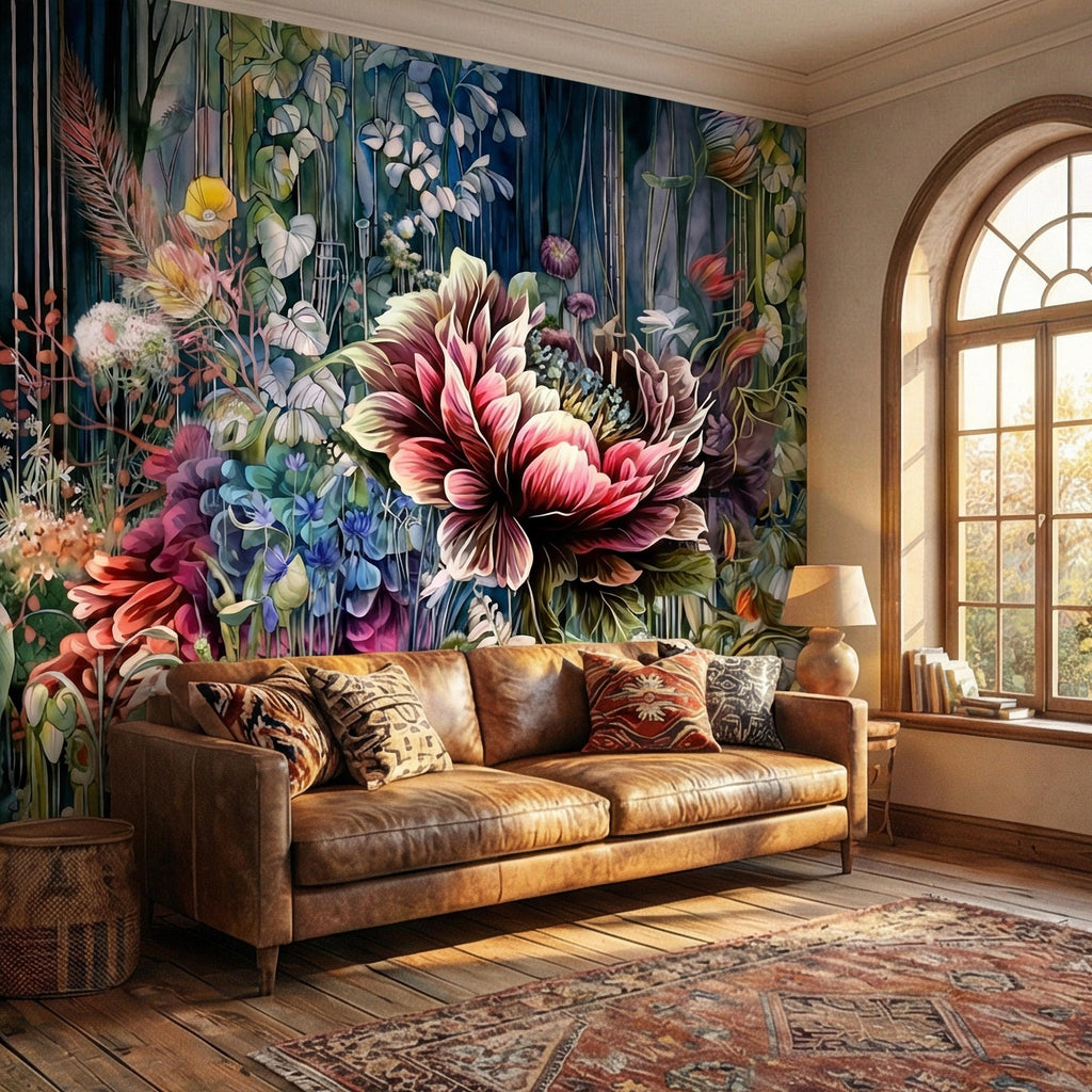 Abstract Floral Peel and Stick Wall Mural, Bold Botanical Bloom, Colorful Artistic Garden, Maximalist Nature Wallpaper