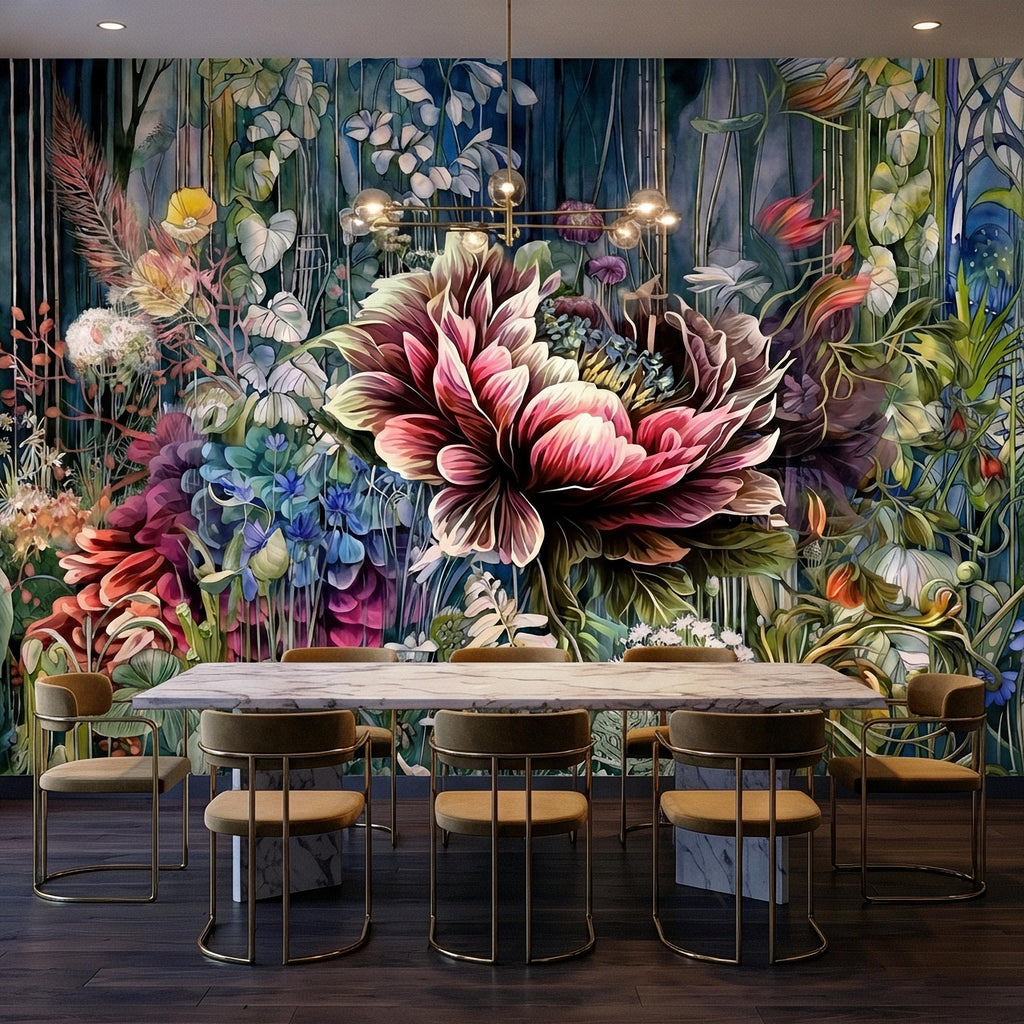 Abstract Floral Peel and Stick Wall Mural, Bold Botanical Bloom, Colorful Artistic Garden, Maximalist Nature Wallpaper